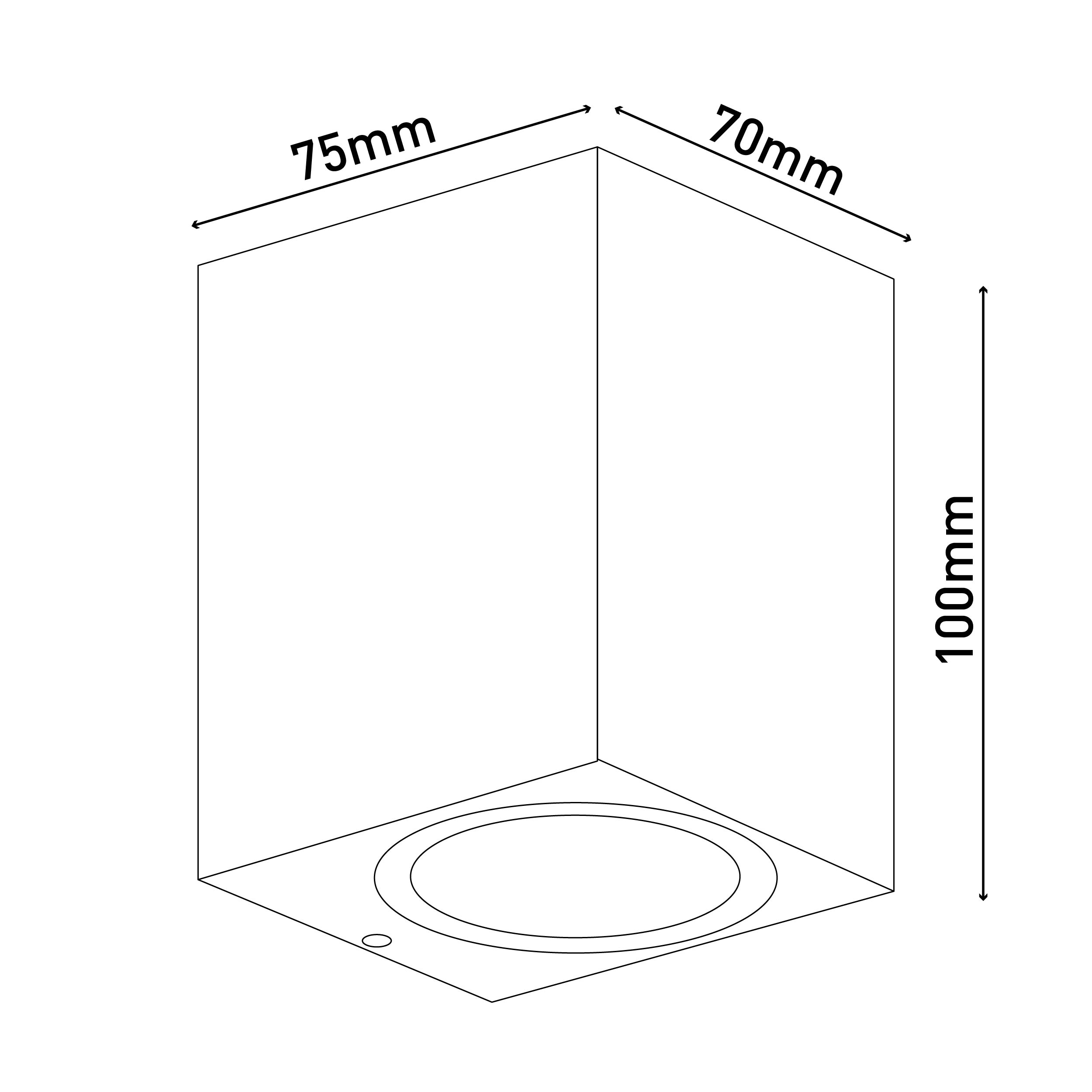 Eine isometrische Zeichnung eines Würfels mit den Maßen: 75 mm x 70 mm x 100 mm.