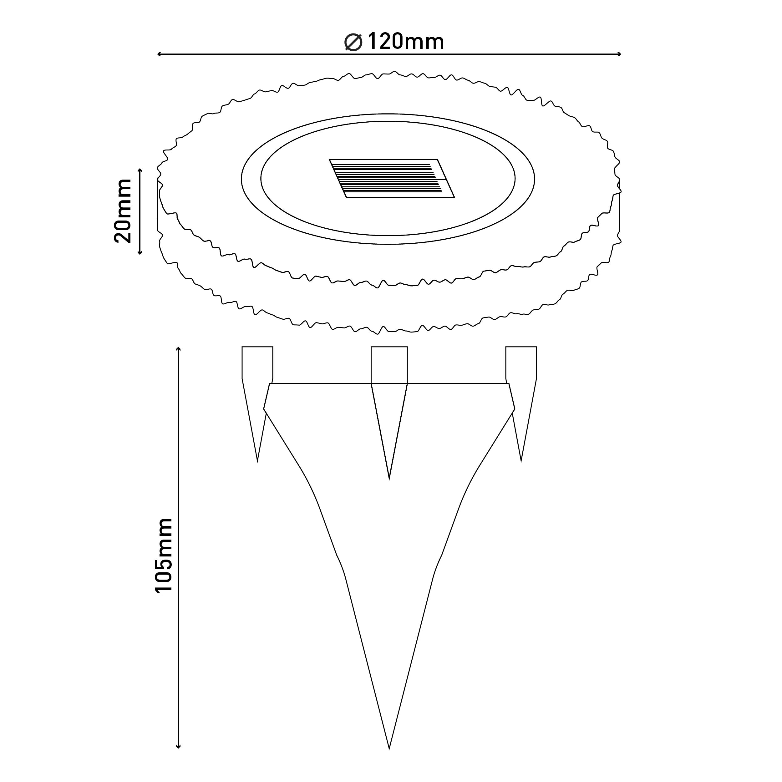 Eine Solar-Gartenleuchte mit Abmessungen. Der Durchmesser beträgt 120 mm, die Höhe 105 mm und 20 mm dick.