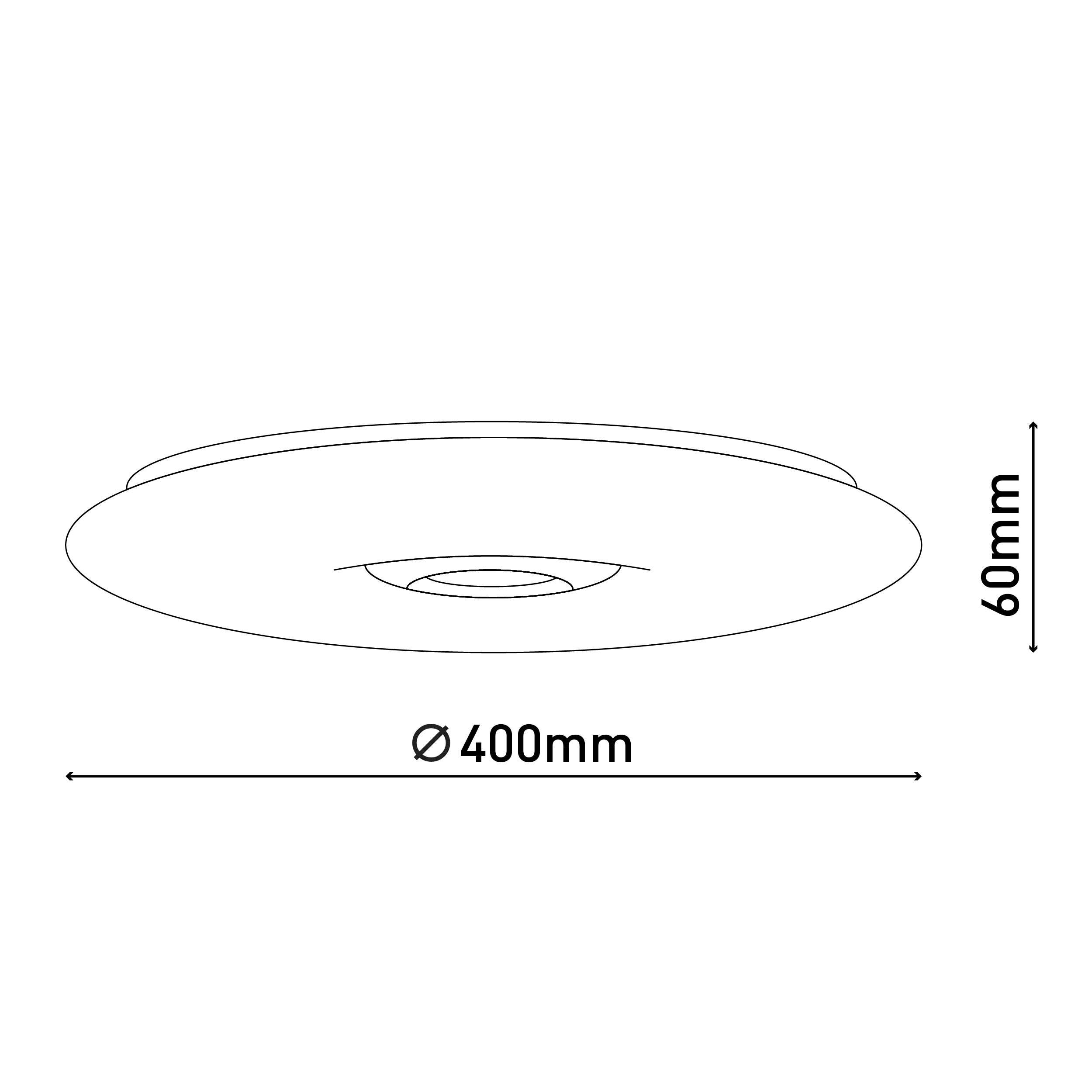 Eine kreisförmige Deckenleuchte mit den Maßen: 400 mm Durchmesser und 60 mm Höhe. Schwarze Umrisse.