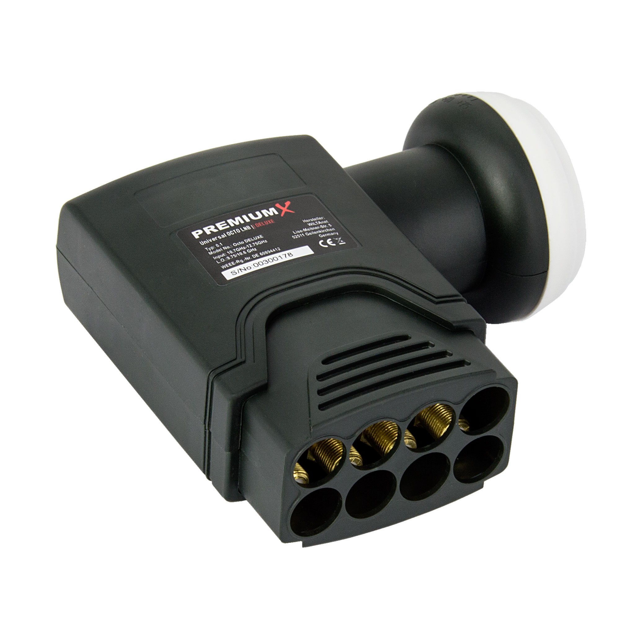 Schwarzes Satelliten-LNB mit mehreren Ausgängen und Produktetikett.