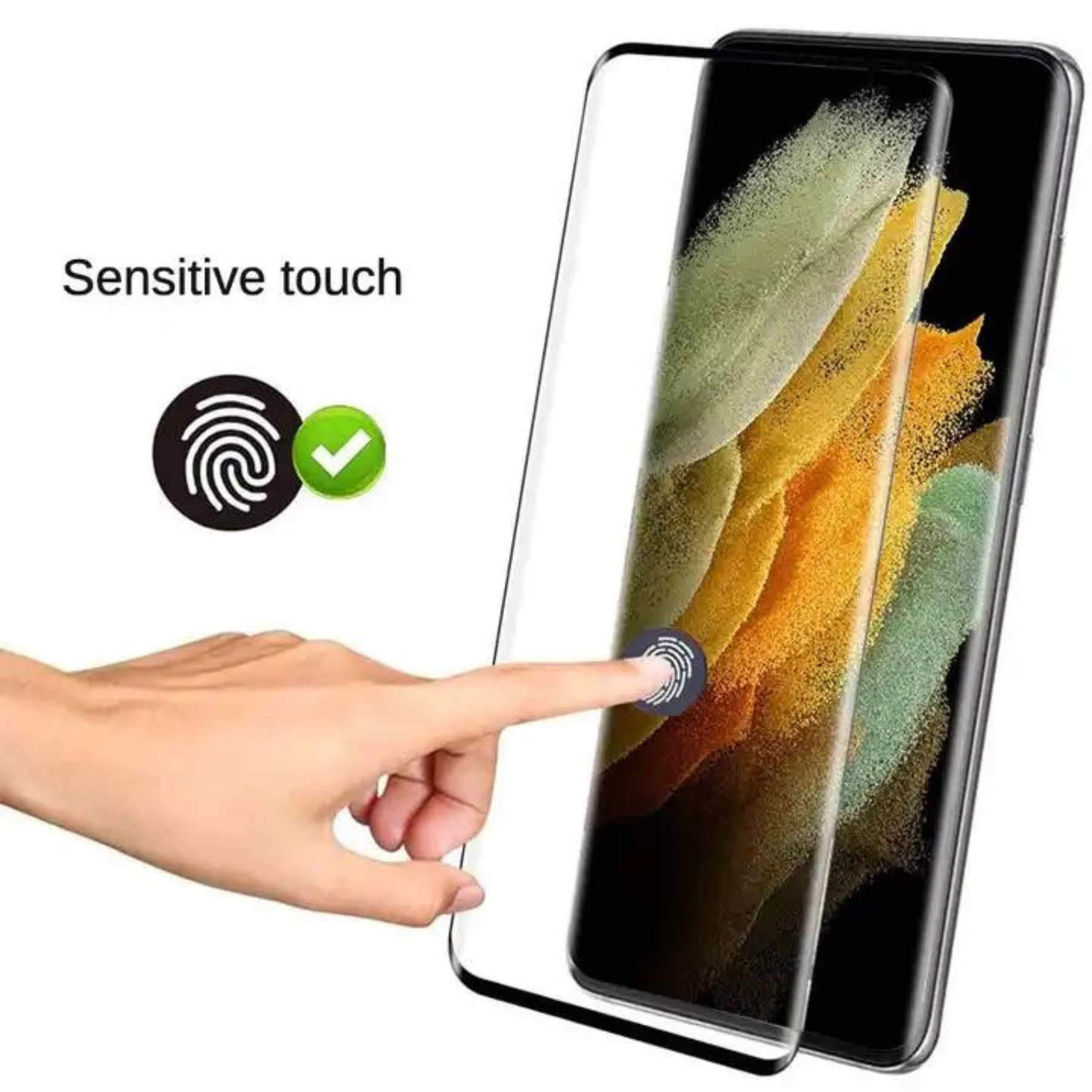 Hand berührt Displayschutzfolie auf einem Telefon. Zeigt Fingerabdrucksensor-Symbol.