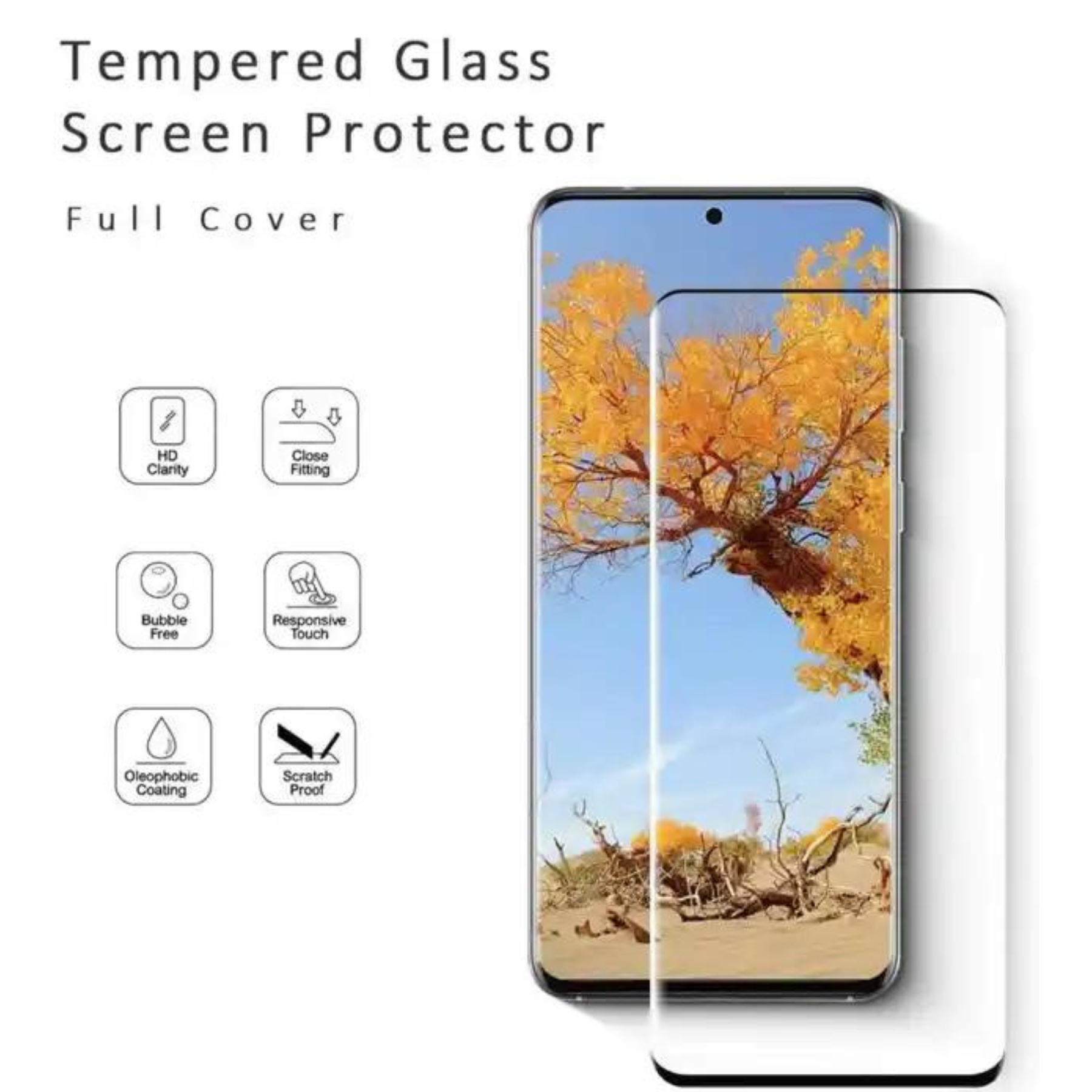 Displayschutzfolie aus gehärtetem Glas für ein Telefon. Eigenschaften: HD-Klarheit, blasenfrei und kratzfest.