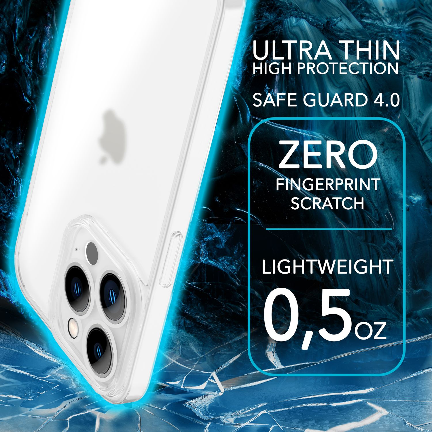 Funda transparente para teléfono con un iPhone dentro. Texto: Ultra delgado, alta protección, cero huellas dactilares, ligero.