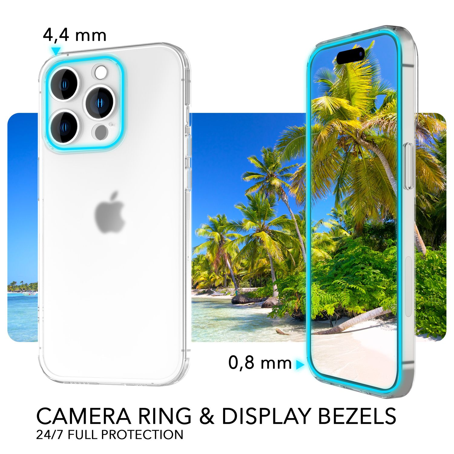 Dos fundas de teléfono con fondo de playa tropical. Una muestra la vista lateral con borde azul.