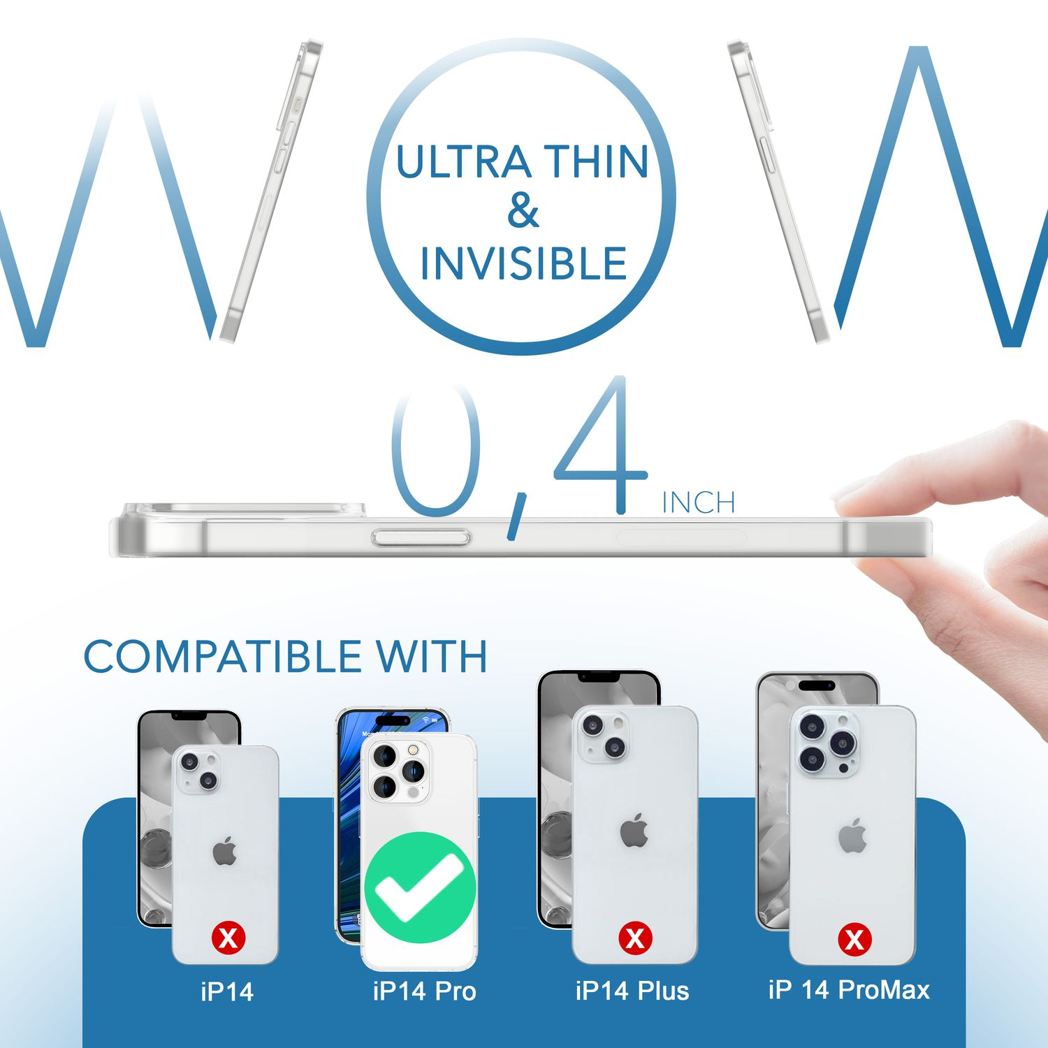 Funda transparente, fina, con modelos de teléfono abajo. Compatibilidad para iPhone 14 Pro.