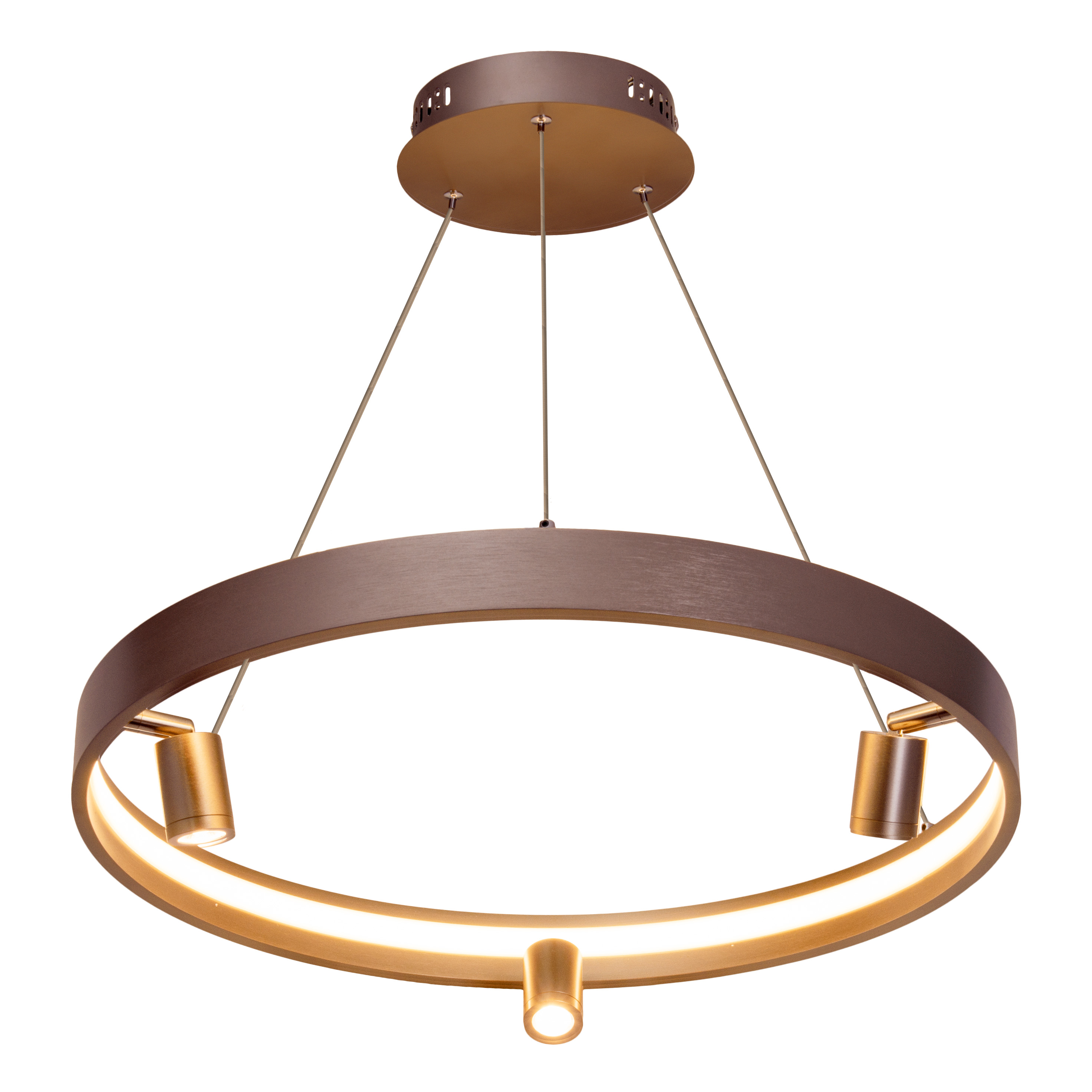Ein moderner kreisförmiger Kronleuchter mit drei Lichtern und einem braunen Metallic-Finish.