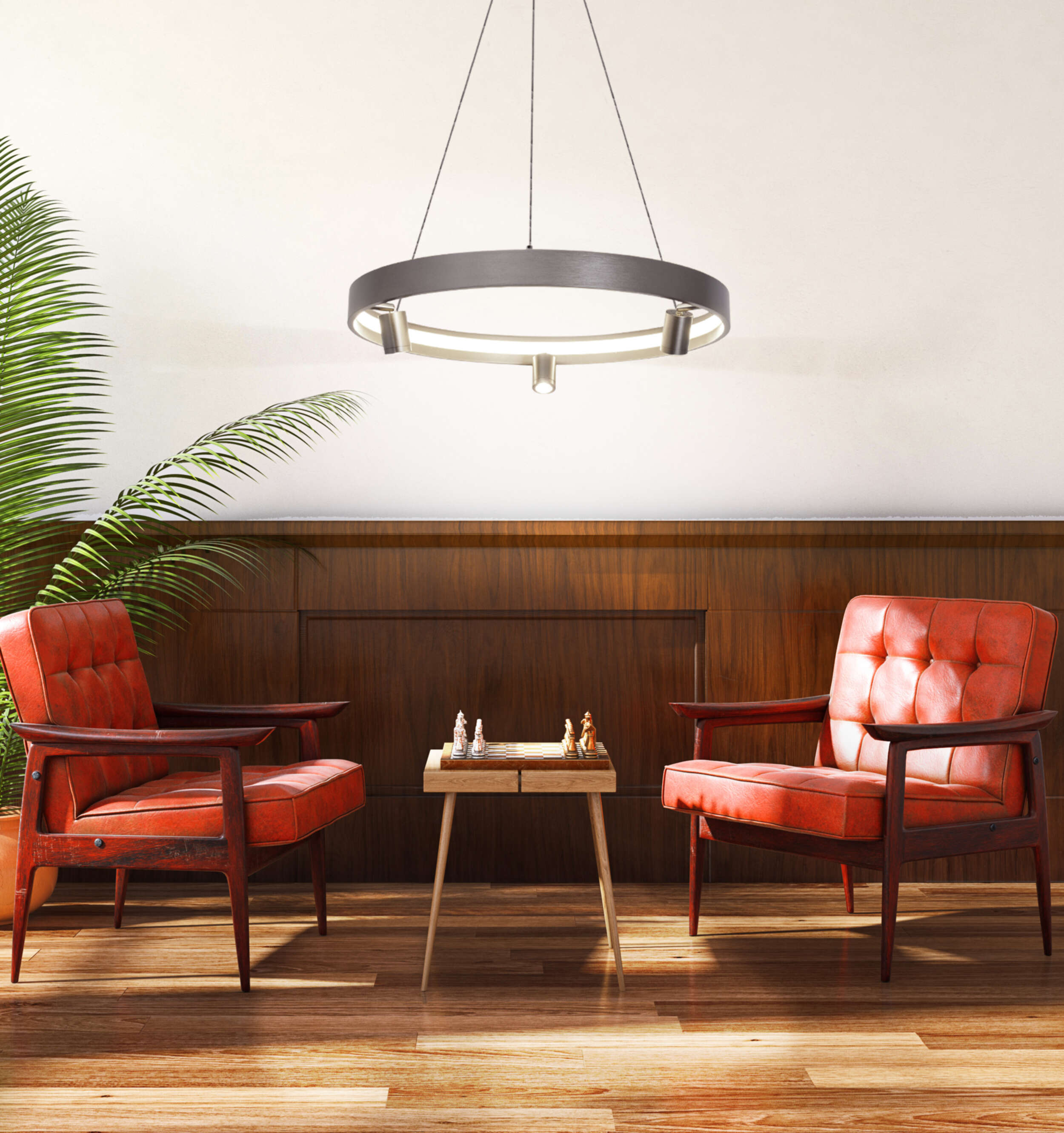 Wohnzimmer mit roten Stühlen, kleinem Tisch mit Schach und moderner Leuchte.