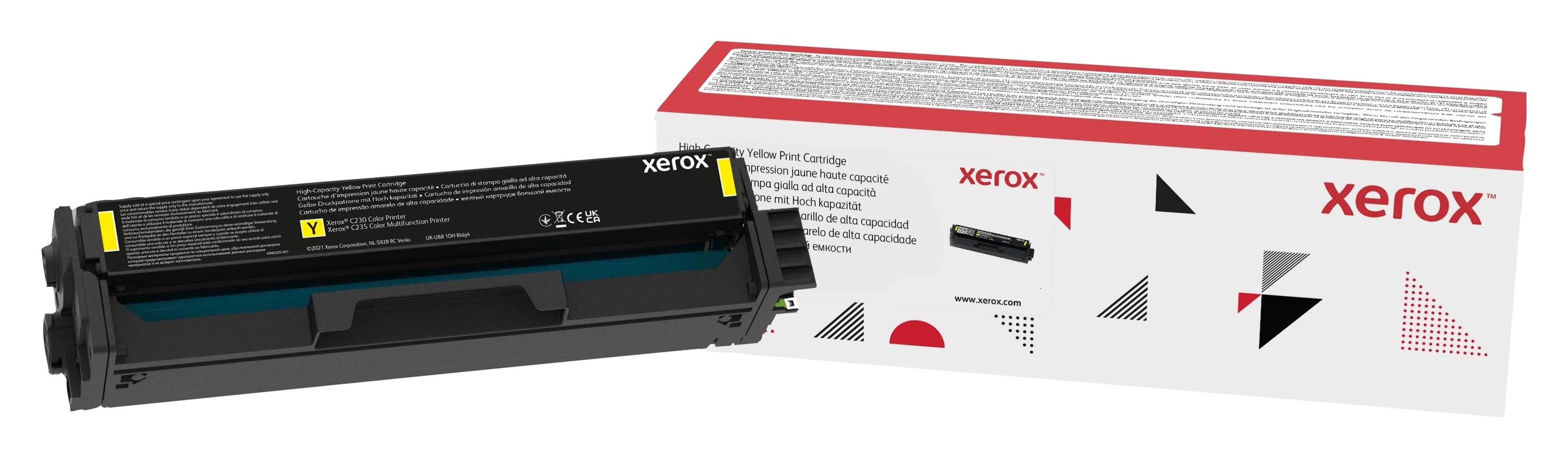 Xerox gelbe Tintenpatrone und -box. Schwarze und gelbe Patrone. Weiße und rote Box mit Text.