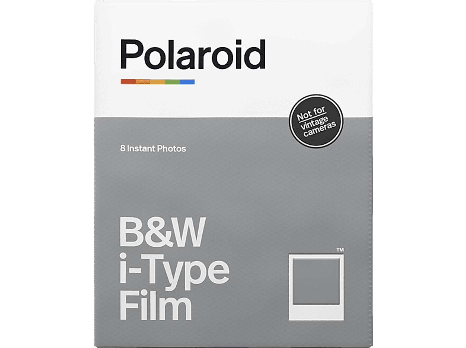 Pudełko filmu Polaroid B&W i-Type. Pudełko jest białe, z tekstem i zdjęciem filmu.