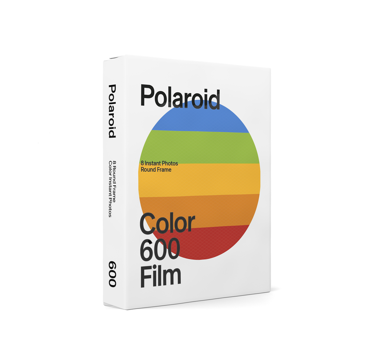 Polaroid Color 600 Filmpackung mit einem Regenbogenkreis auf einer weißen Schachtel. Text lautet '8 Sofortbilder'.
