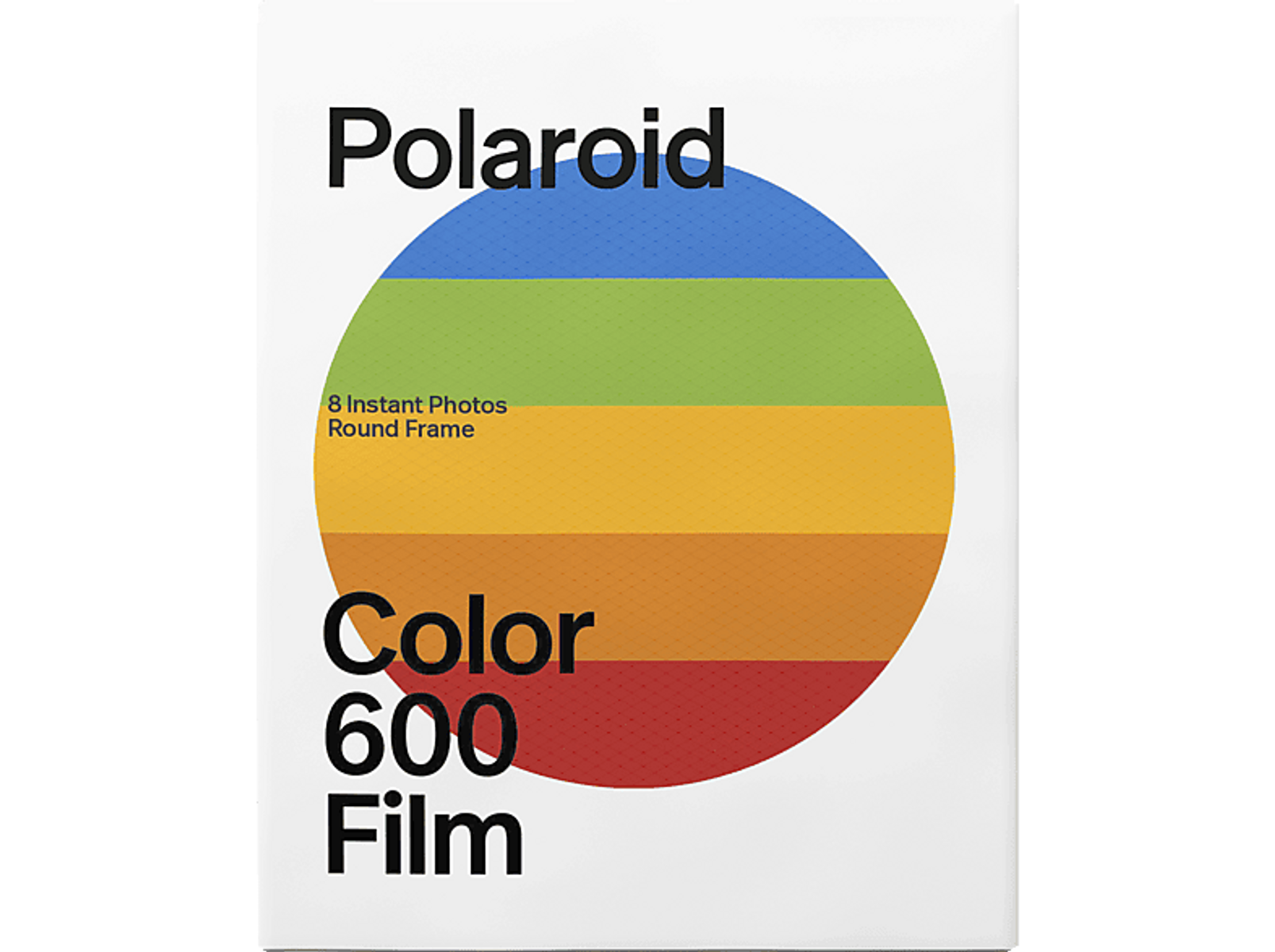 Eine Packung Polaroid Color 600 Film. Die Schachtel ist weiß mit einem Kreis aus Regenbogenfarben und den Worten „Color 600 Film“.