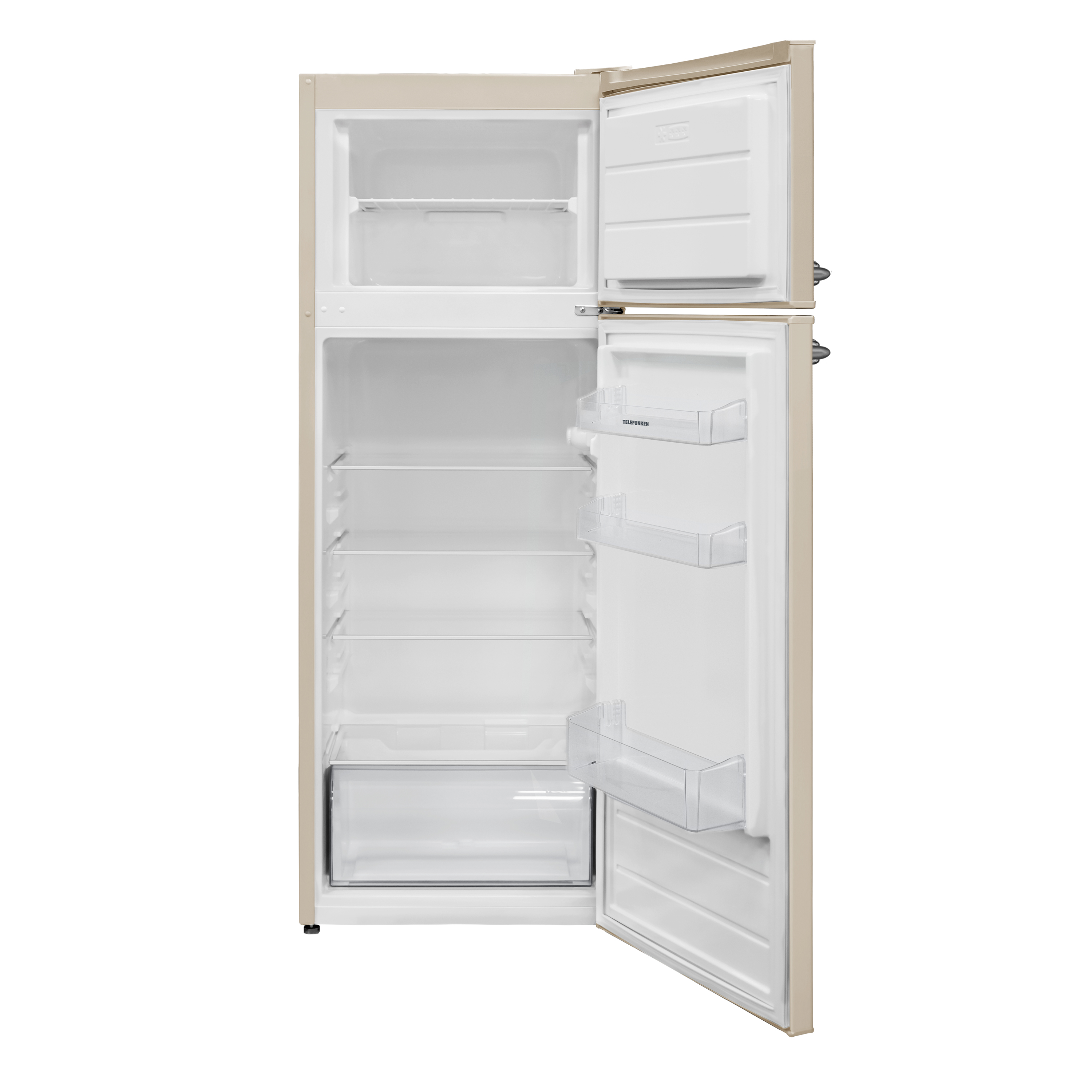 Ein beigefarbener Kühlschrank mit geöffneten Türen, der Regale und Fächer im Inneren zeigt.