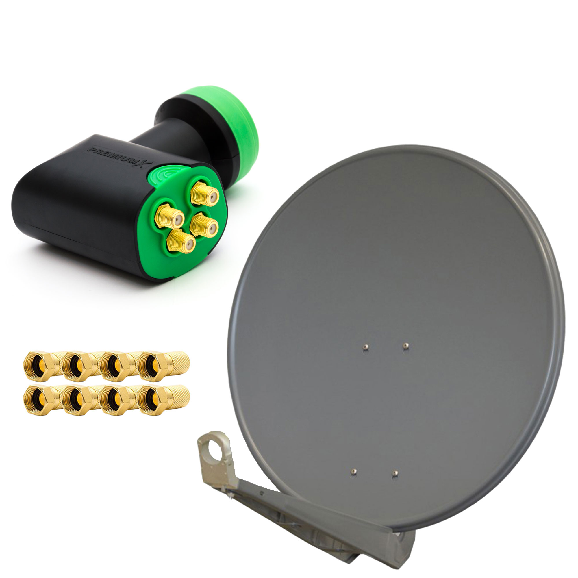 Satellitenschüssel, LNB und Anschlüsse. Schüssel grau, LNB schwarz und grün. Anschlüsse gold.