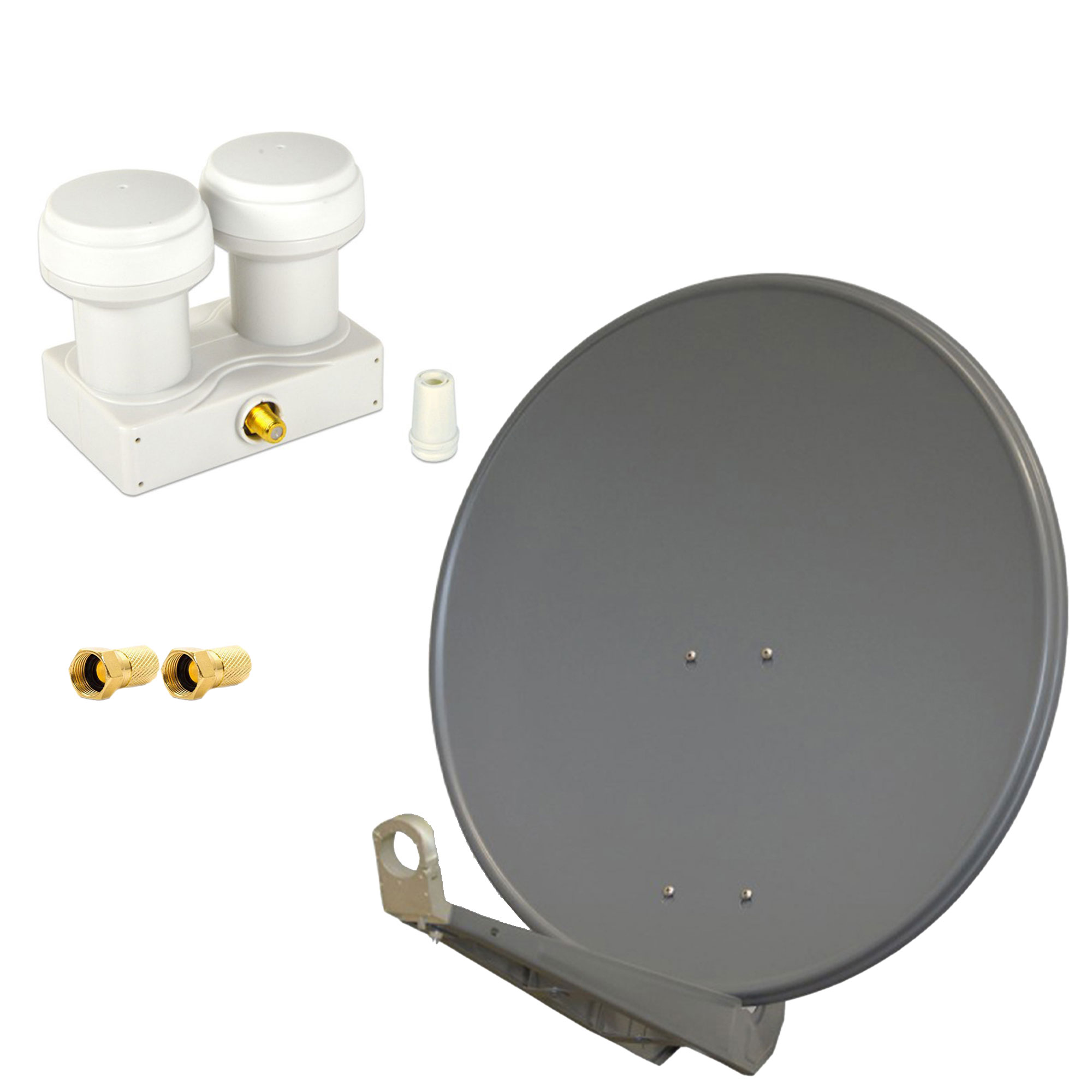 Satellitenschüssel mit zwei weißen Empfängern. Graue Schüssel, weißer Hintergrund. Zwei goldene Stecker.