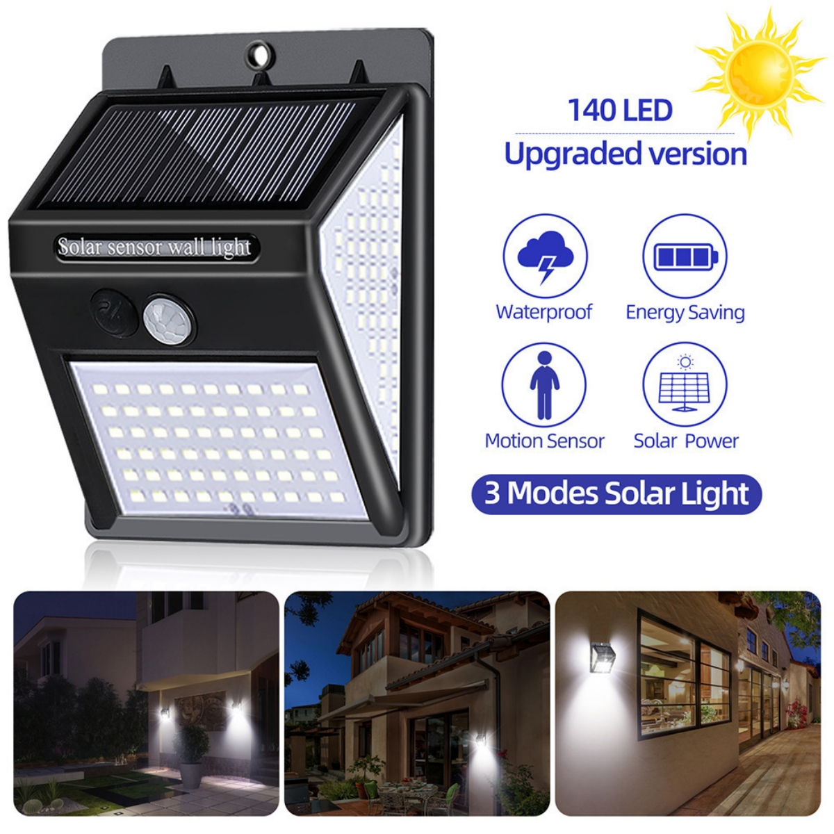 Eine schwarze Solar-Sensor-Wandleuchte mit mehreren Symbolen. Das Bild zeigt die Leuchte in Gebrauch.