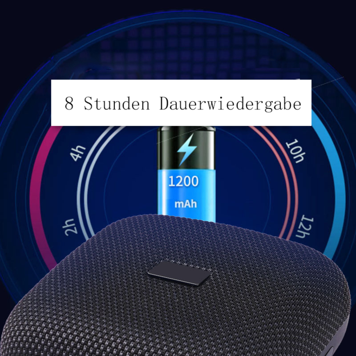 Schwarzer Lautsprecher mit Batterie-Grafik und 1200 mAh. Text sagt 8 Stunden Wiedergabe.