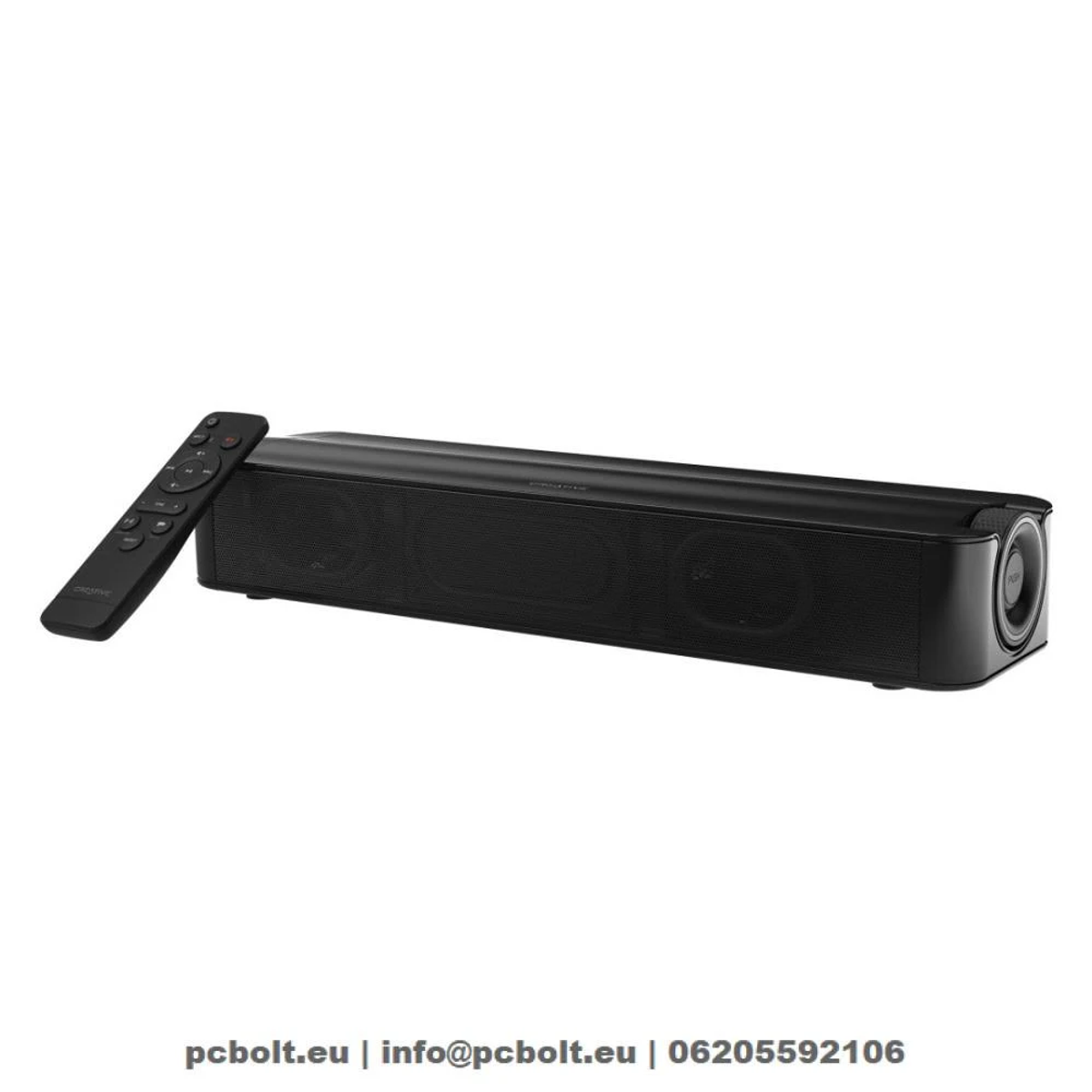 Barra de sonido negra con mando a distancia. Forma rectangular, múltiples áreas de altavoz.