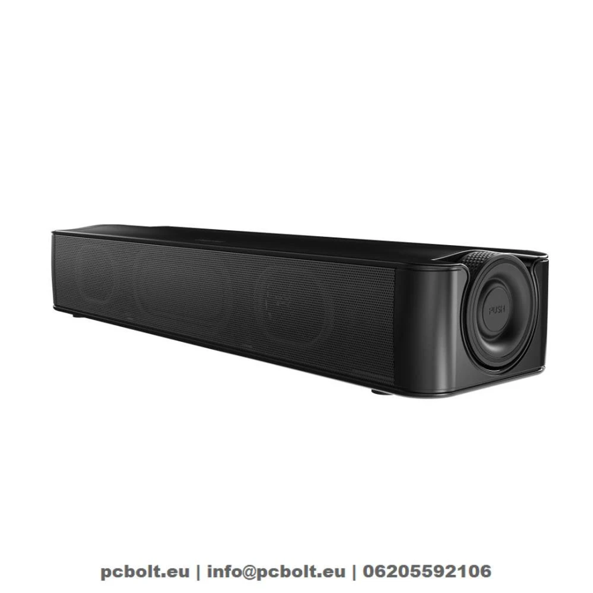 Barra de sonido negra con una parte frontal de malla y un botón con la etiqueta 'PUSH' en el lateral.