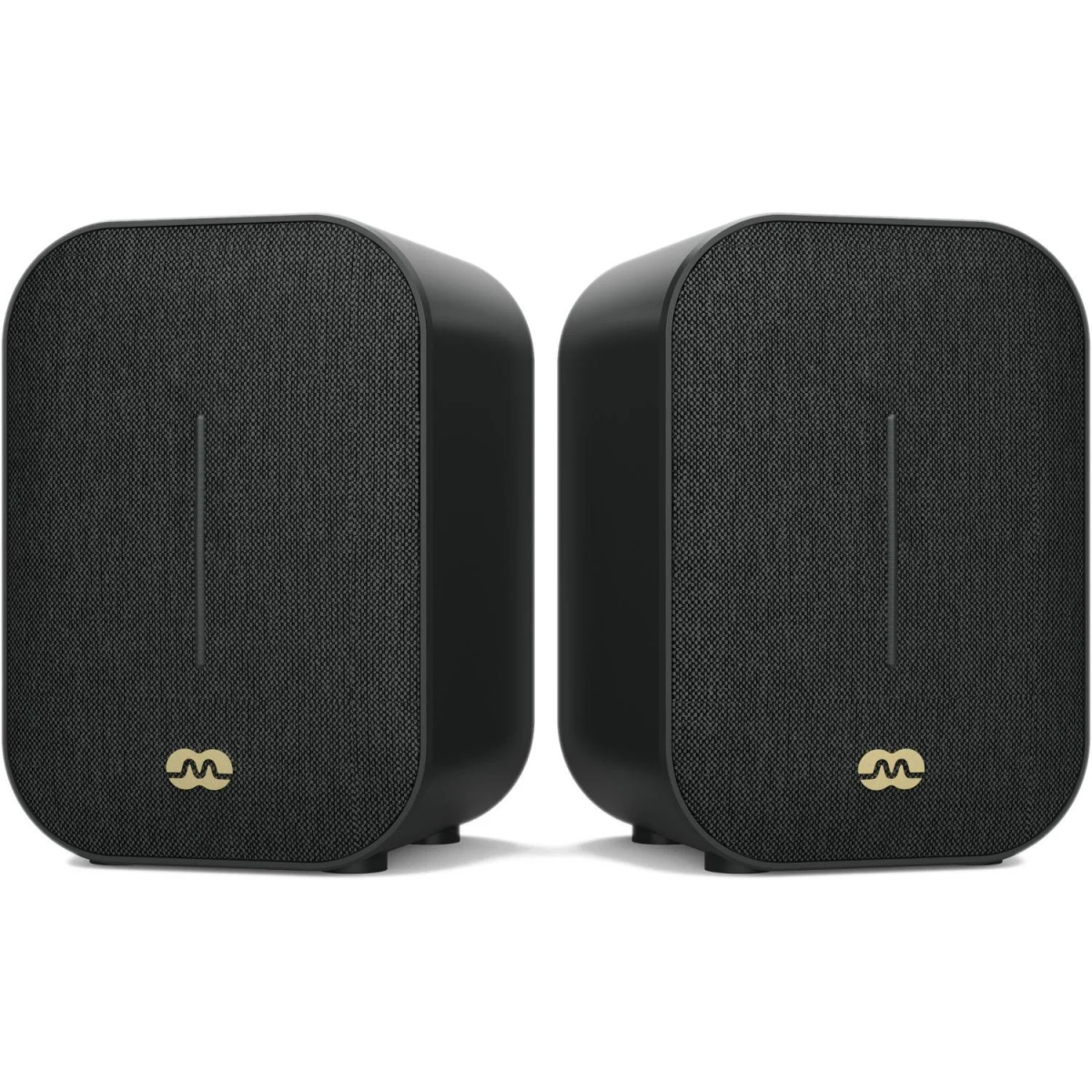 Zwei schwarze Lautsprecher mit Mesh-Front und goldenem Logo unten.