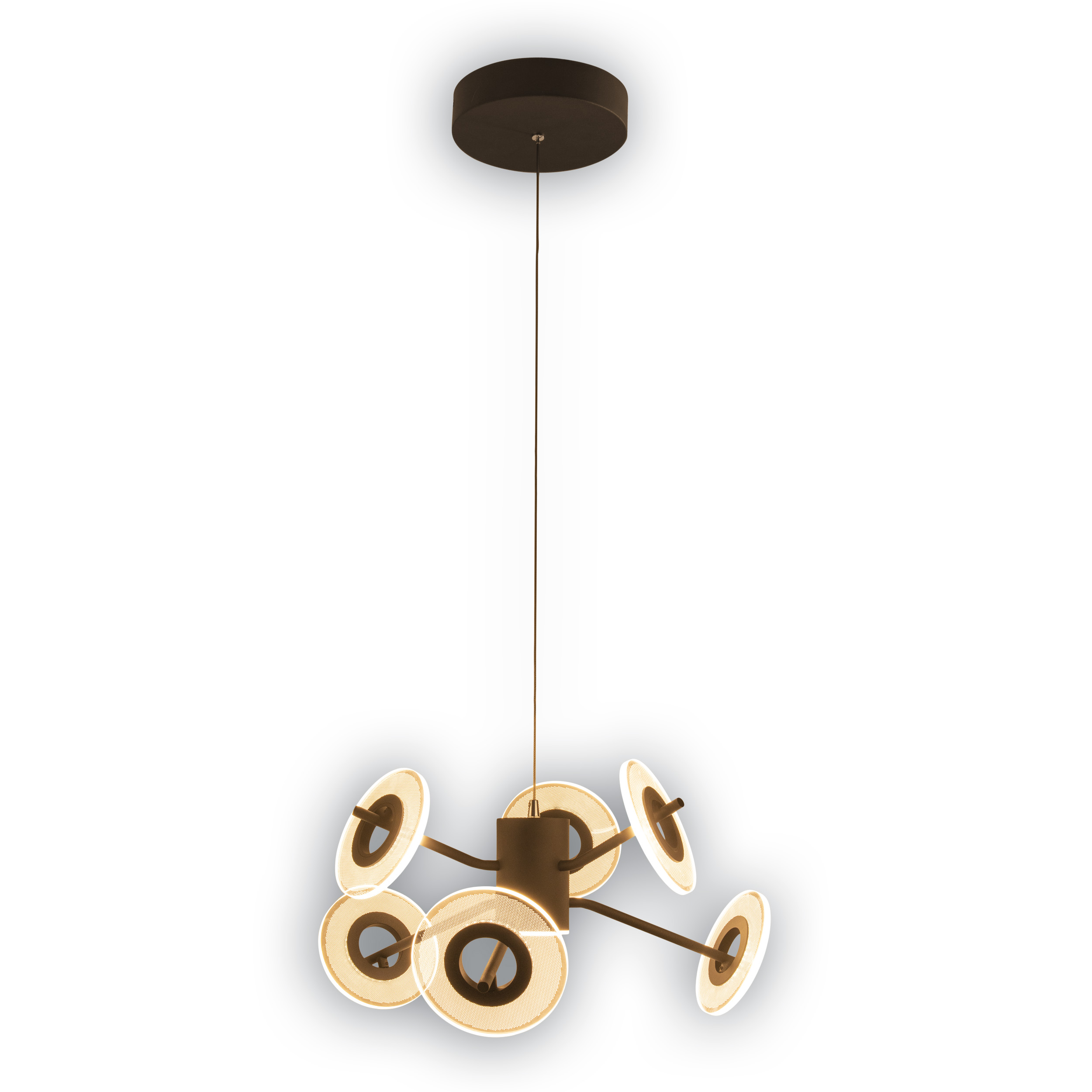 Eine moderne Pendelleuchte mit mehreren kreisförmigen Leuchten in Bronzefarbe.