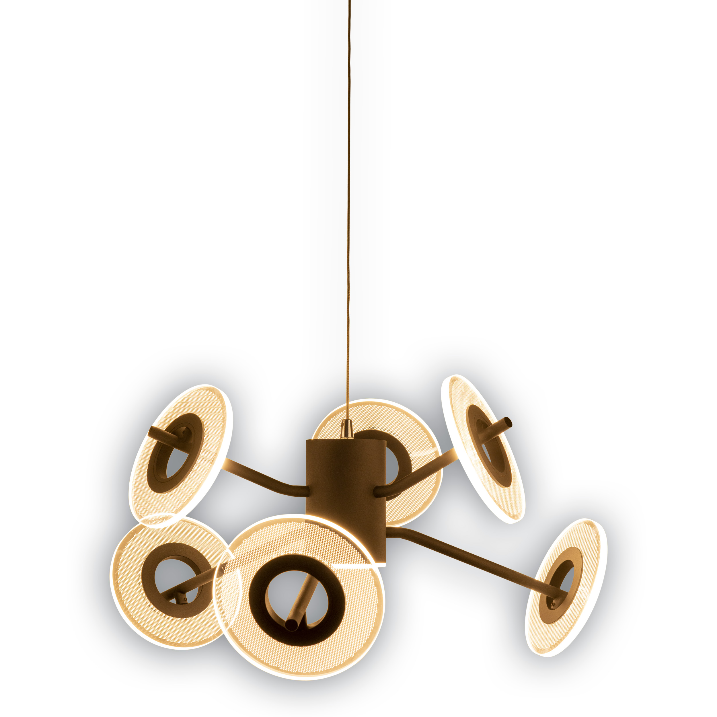 Eine moderne Pendelleuchte mit sechs scheibenförmigen Lichtern, braunen Armen und einem zentralen dunkelbraunen Zylinder.