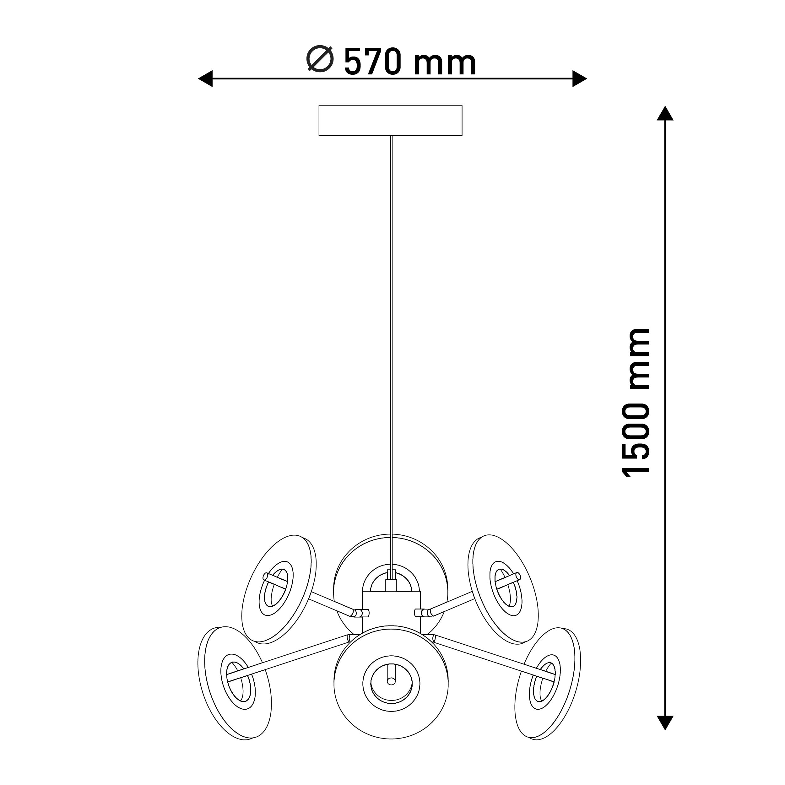 Strichzeichnung eines modernen Kronleuchters, mit Maßangaben von 570 mm und 1500 mm.