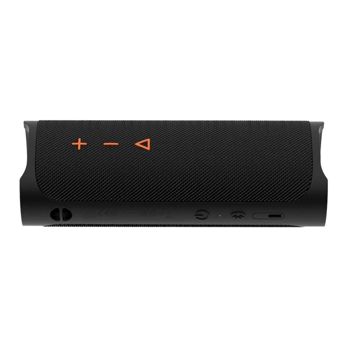 Czarny głośnik przenośny z przyciskami. Głośność, odtwarzanie/pauza, zasilanie. Pomarańczowe akcenty.