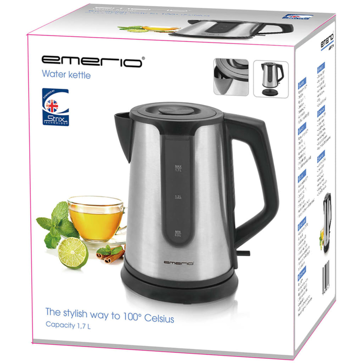 Silber-schwarzer Wasserkocher in einer Box. Die Box zeigt den Wasserkocher und eine Tasse Tee.