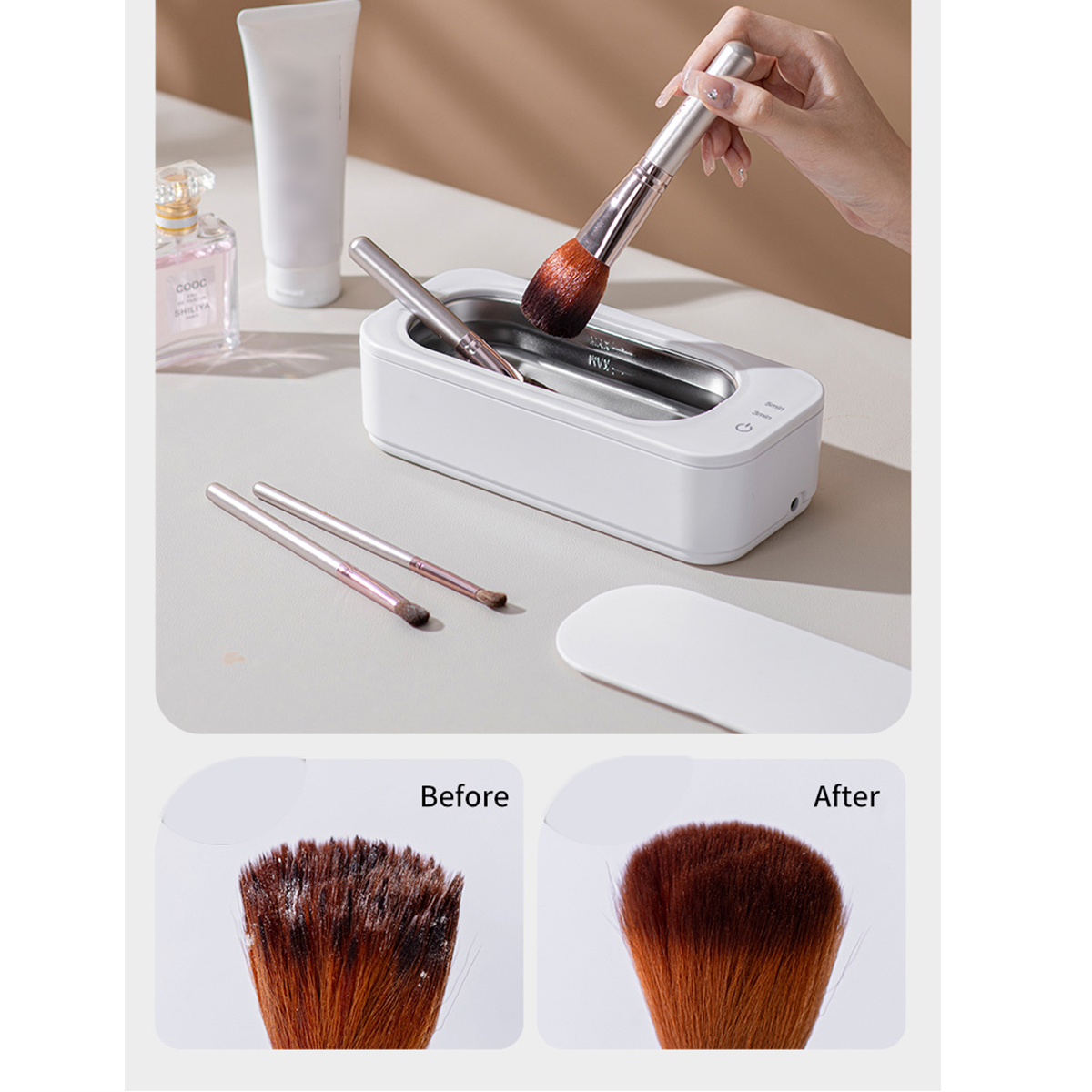 Make-up-Pinsel, die in einem weißen Gerät gereinigt werden. Zeigt Vorher-Nachher-Ergebnisse.