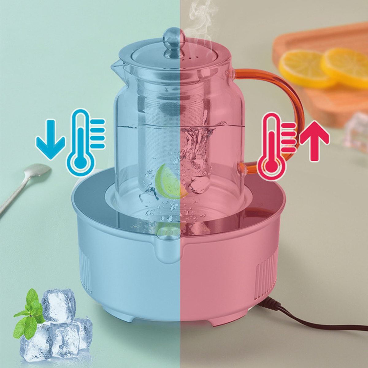 Teekanne, die Kühl- und Heizeffekte zeigt. Eiswürfel und Minze links.
