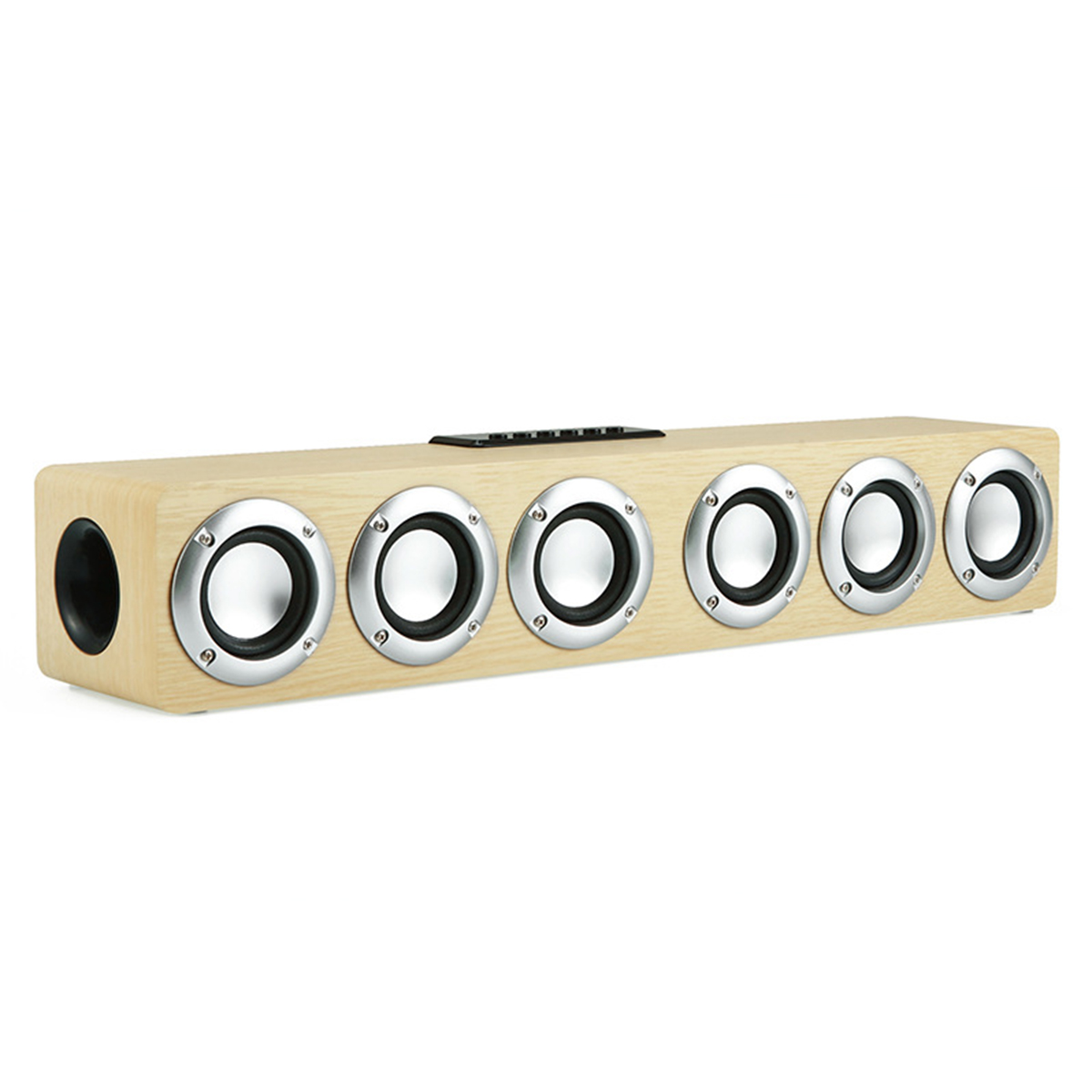 Ein Lautsprecher aus Holz mit silbernen Ringen um die Lautsprecher. Lautsprecher in einer Reihe.