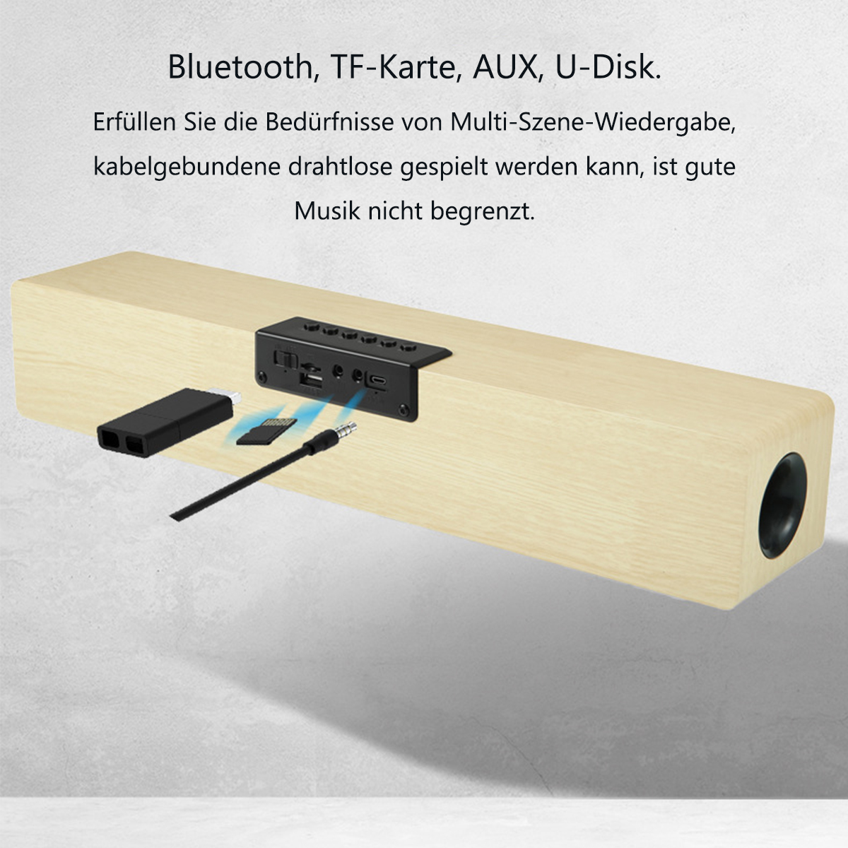 Holzlautsprecher mit mehreren Anschlüssen und Zubehör. Text: Bluetooth, TF-Karte, AUX, U-Disk.