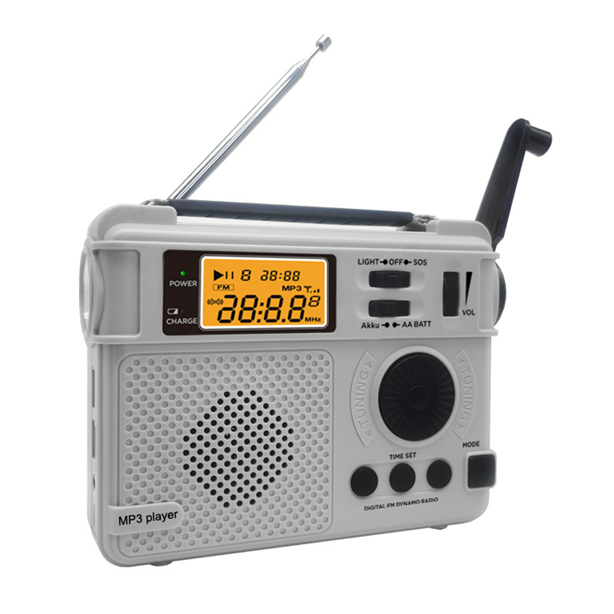 Graues Retro-Radio mit Antenne. Es hat einen digitalen Bildschirm und viele Knöpfe. MP3-Player-Etikett unten.
