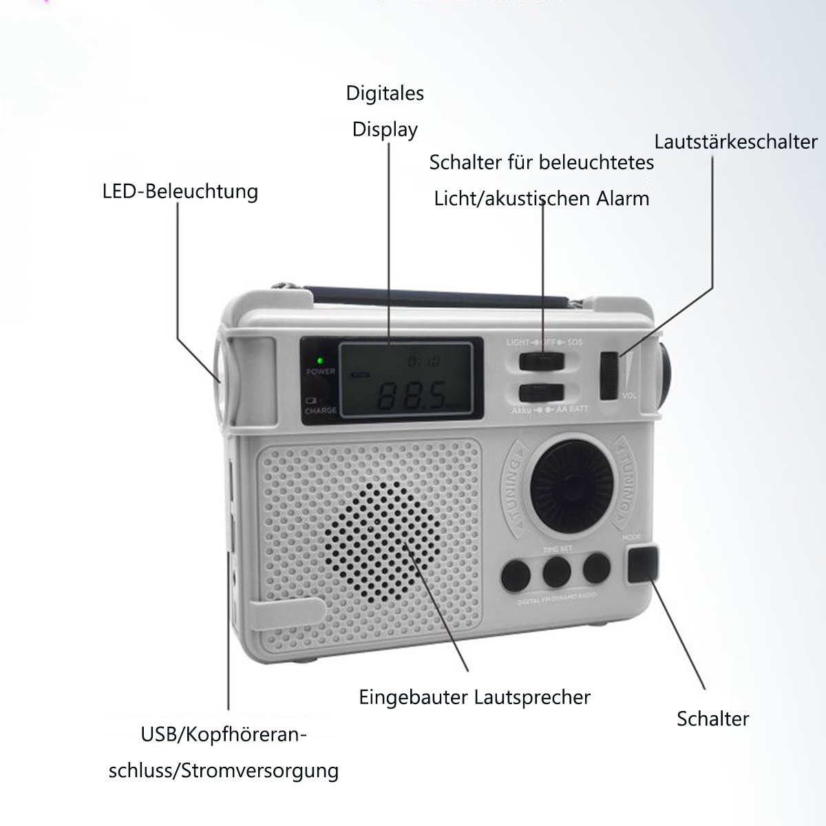 BRIGHTAKE Outdoor-Notradio: SOS-Sirene FM, MP3-Wiedergabe, Bluetooth, Grau Retro-Design, TF-Karte, Taschenlampe, Multi-Funktions-Radio