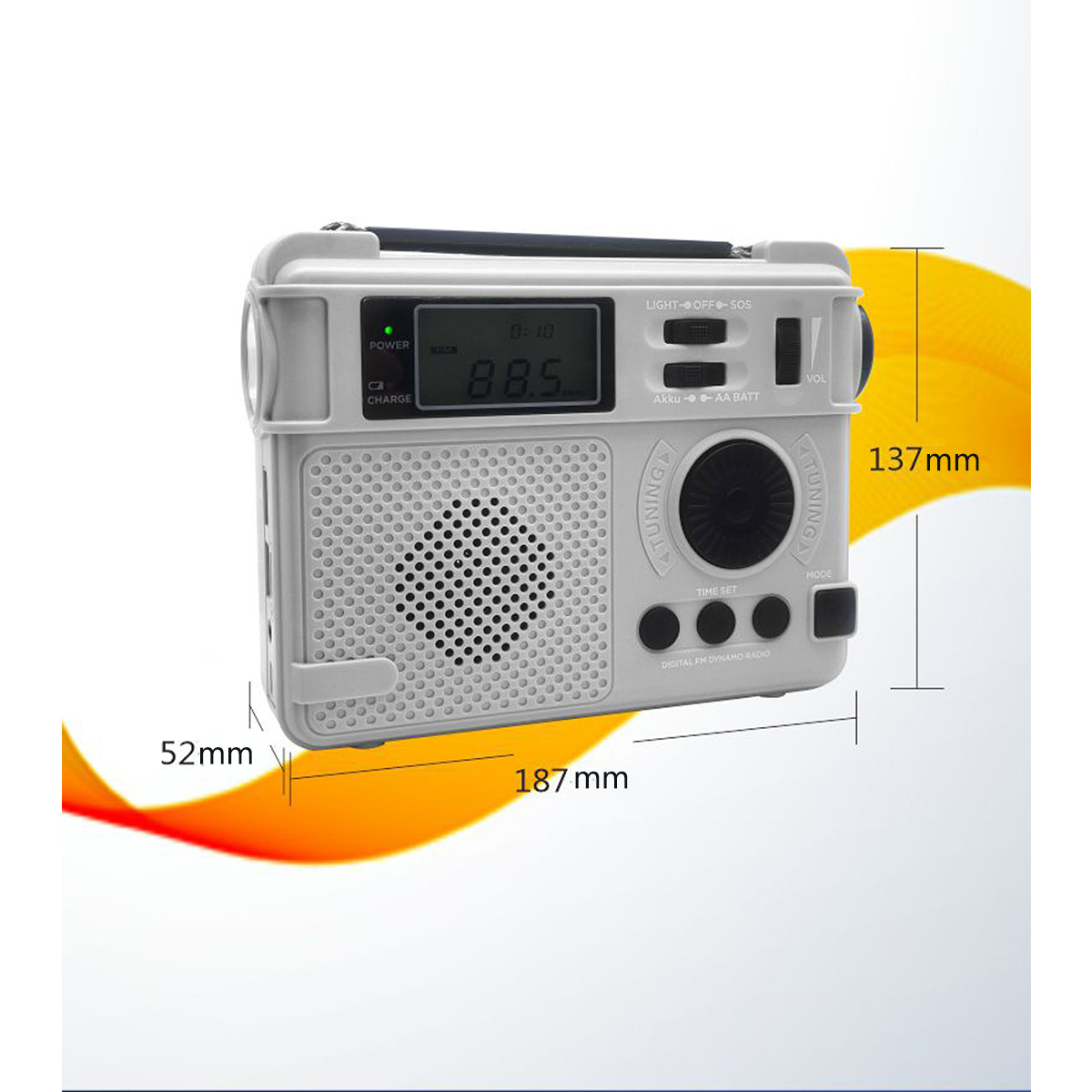 Weißes, rechteckiges Digitalradio mit Bildschirm, Knöpfen und Abmessungen in mm. Die Marke ist nicht sichtbar.
