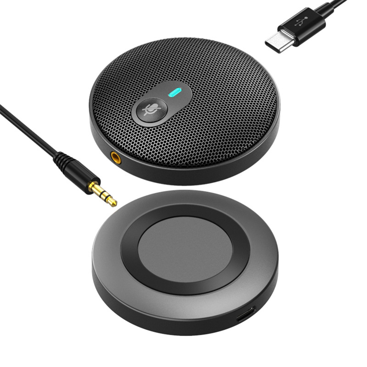Schwarzes Mikrofon mit USB-C- und 3,5-mm-Klinke. Das Mikrofon befindet sich auf einer schwarzen Basis.
