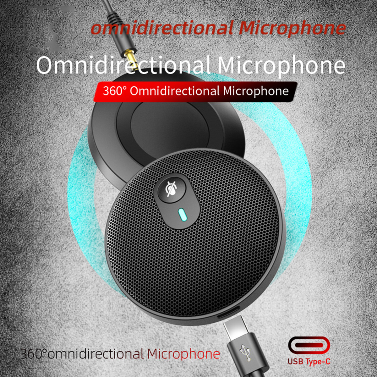 Schwarzes omnidirektionales Mikrofon. USB Typ-C-Anschluss. Grauer Hintergrund mit blauem Kreis.
