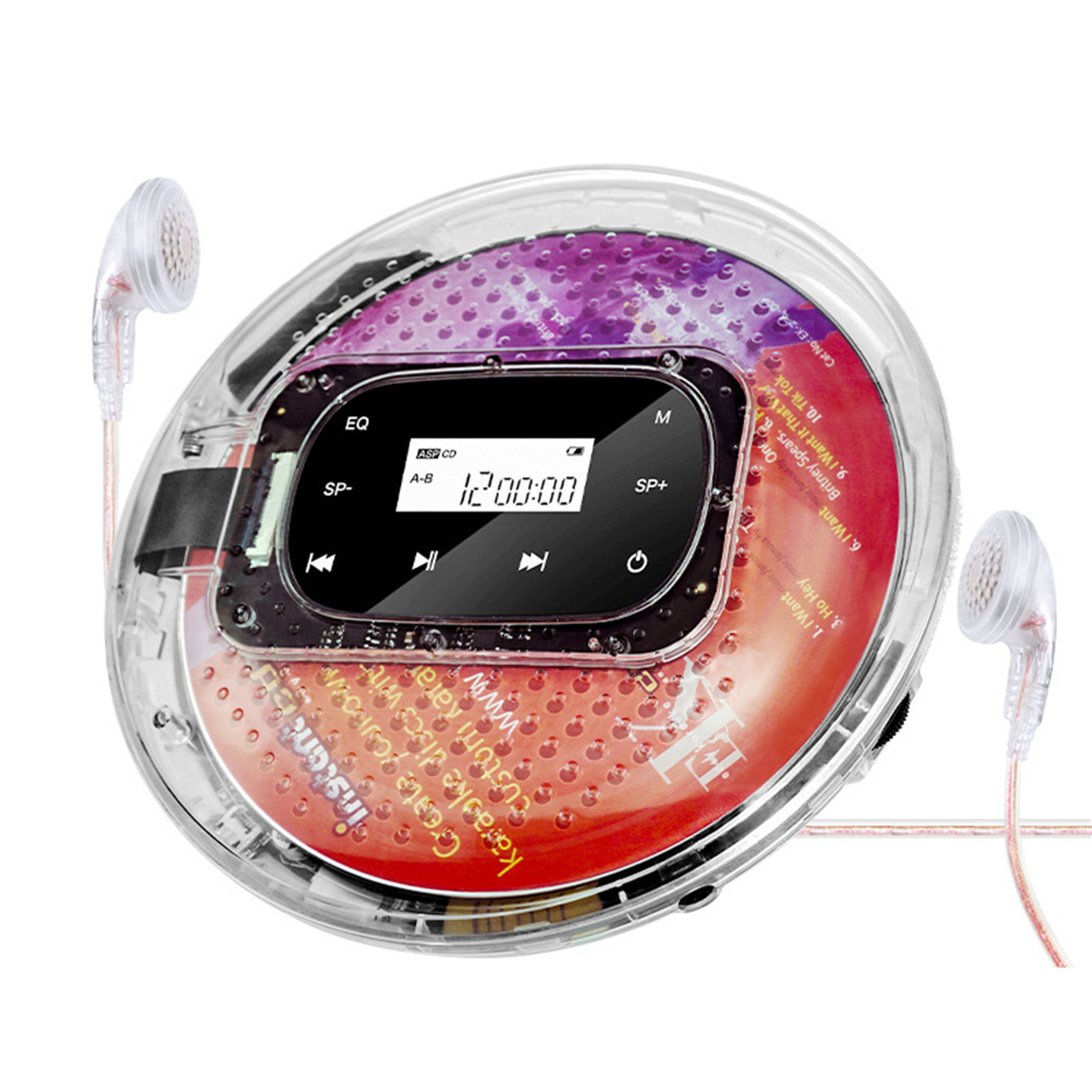 Ein tragbarer CD-Player. Es ist transparent und zeigt eine CD im Inneren. Es hat Knöpfe und ein Display.