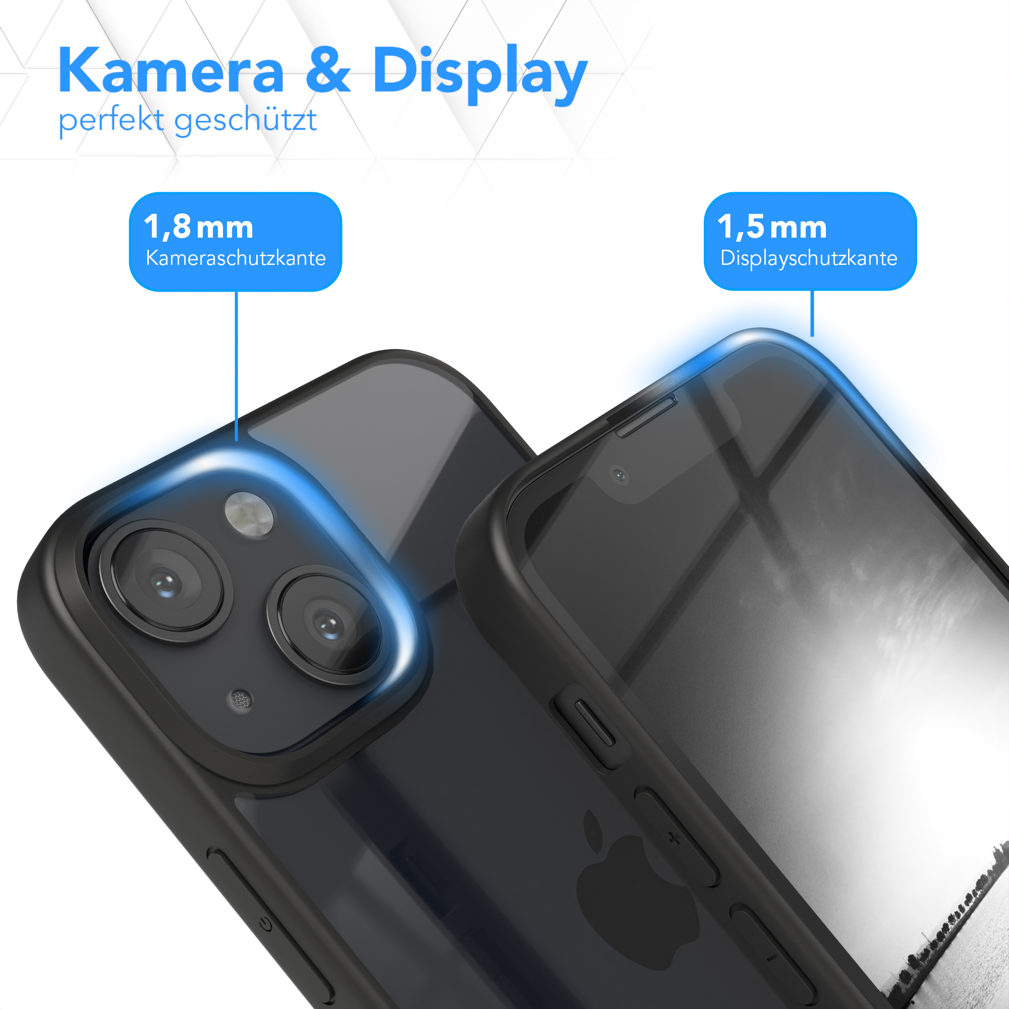 Nahaufnahme einer Handyhülle, die ein Telefon schützt. Highlights sind auf Kamera und Bildschirmkanten.