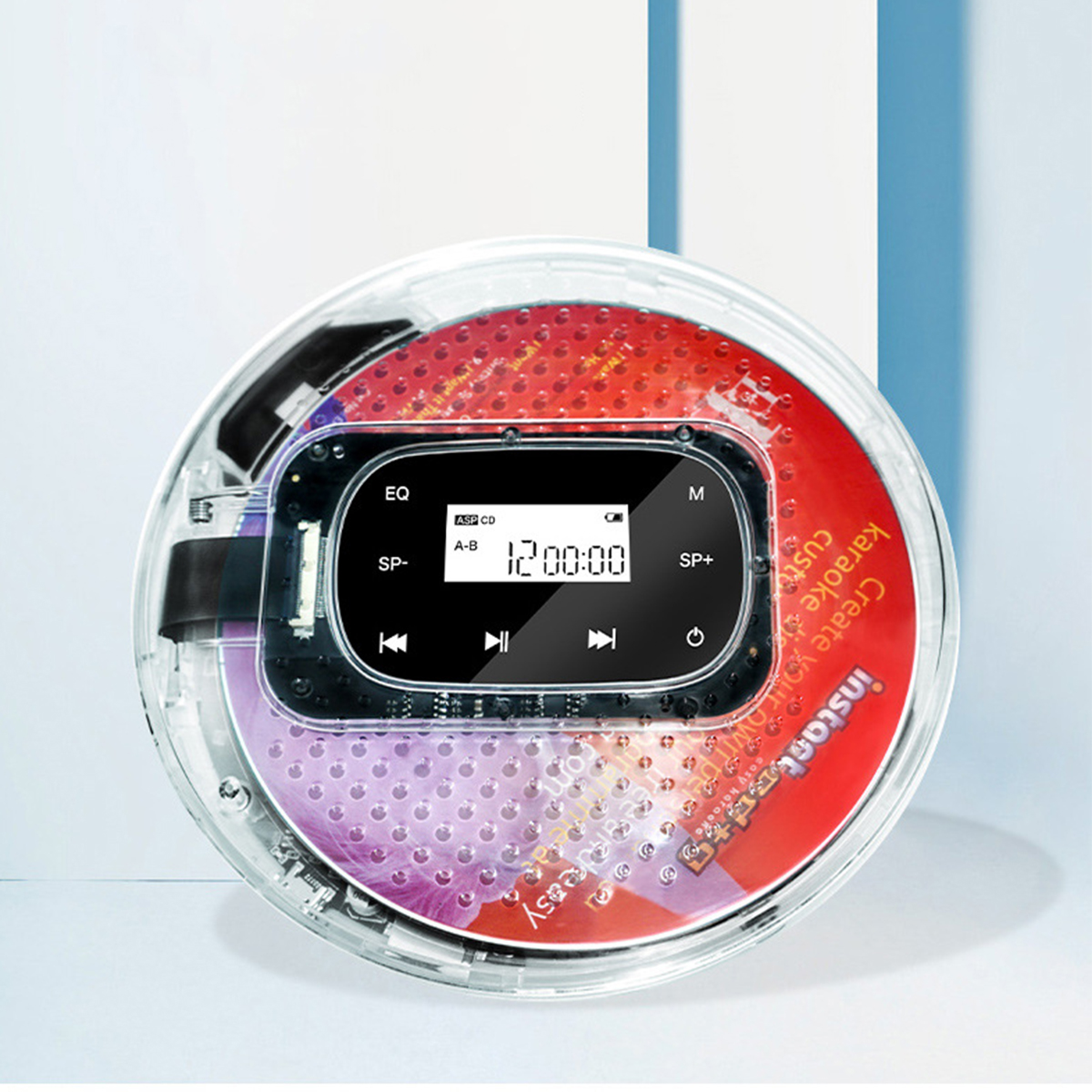 Transparenter CD-Player mit Bildschirm, der die Zeit anzeigt. Text: Karaoke und anpassbar.