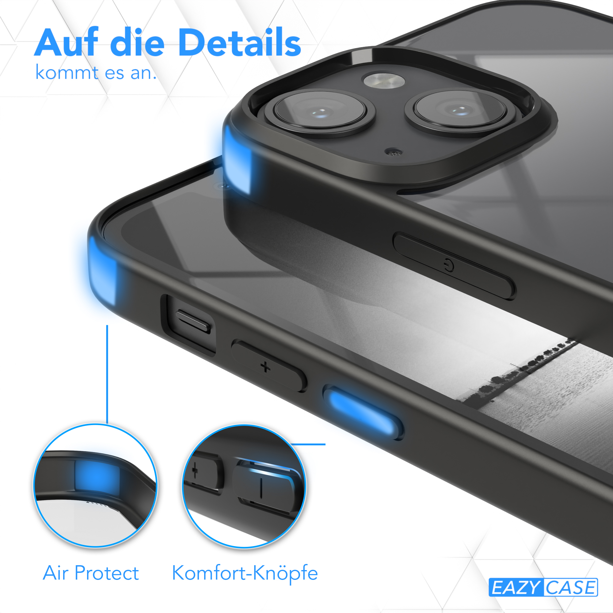 Nahaufnahme einer Handyhülle mit blauer Licht-Hervorhebung von Tastendetails.