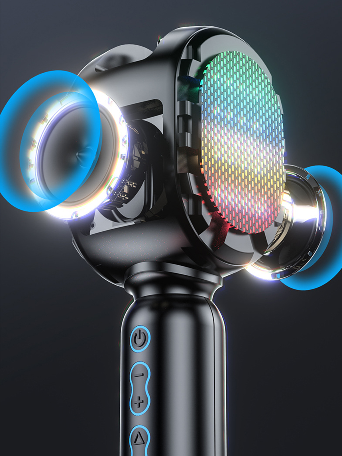 Schwarzes Mikrofon mit Bedienfeld und RGB-Beleuchtung. Es hat zwei Lautsprecher.