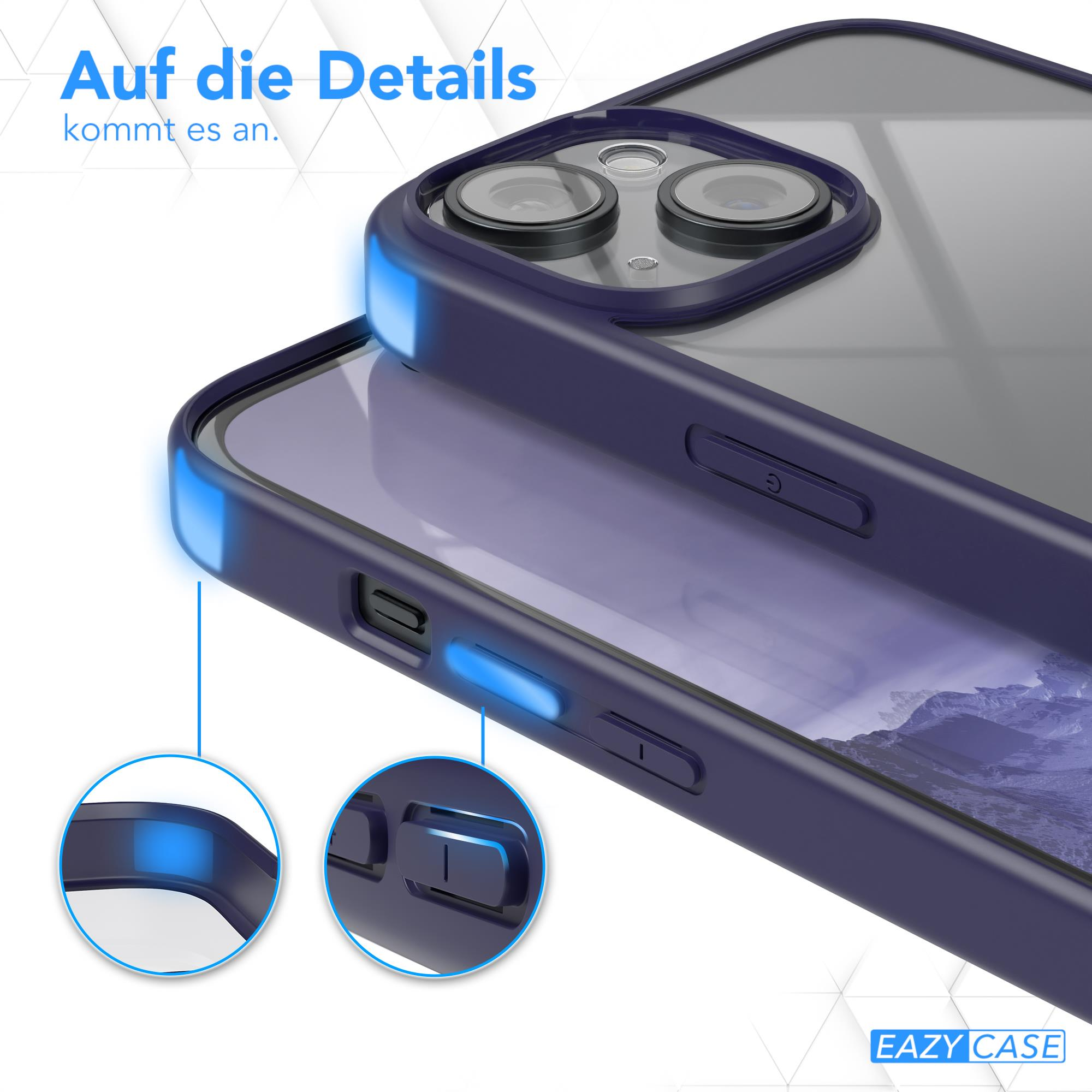 Nahaufnahme einer marineblauen Handyhülle mit blauen Lichtern und Text, der lautet: 'Auf die Details kommt es an.'