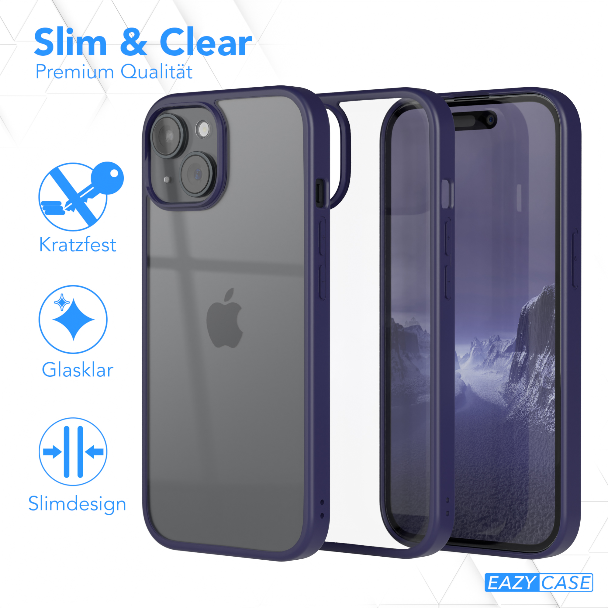 Handyhülle für iPhone, dunkelblauer Rahmen und durchsichtiger Rücken. Text: Slim & Clear, Kratzfest, Glasklar, Slimdesign.