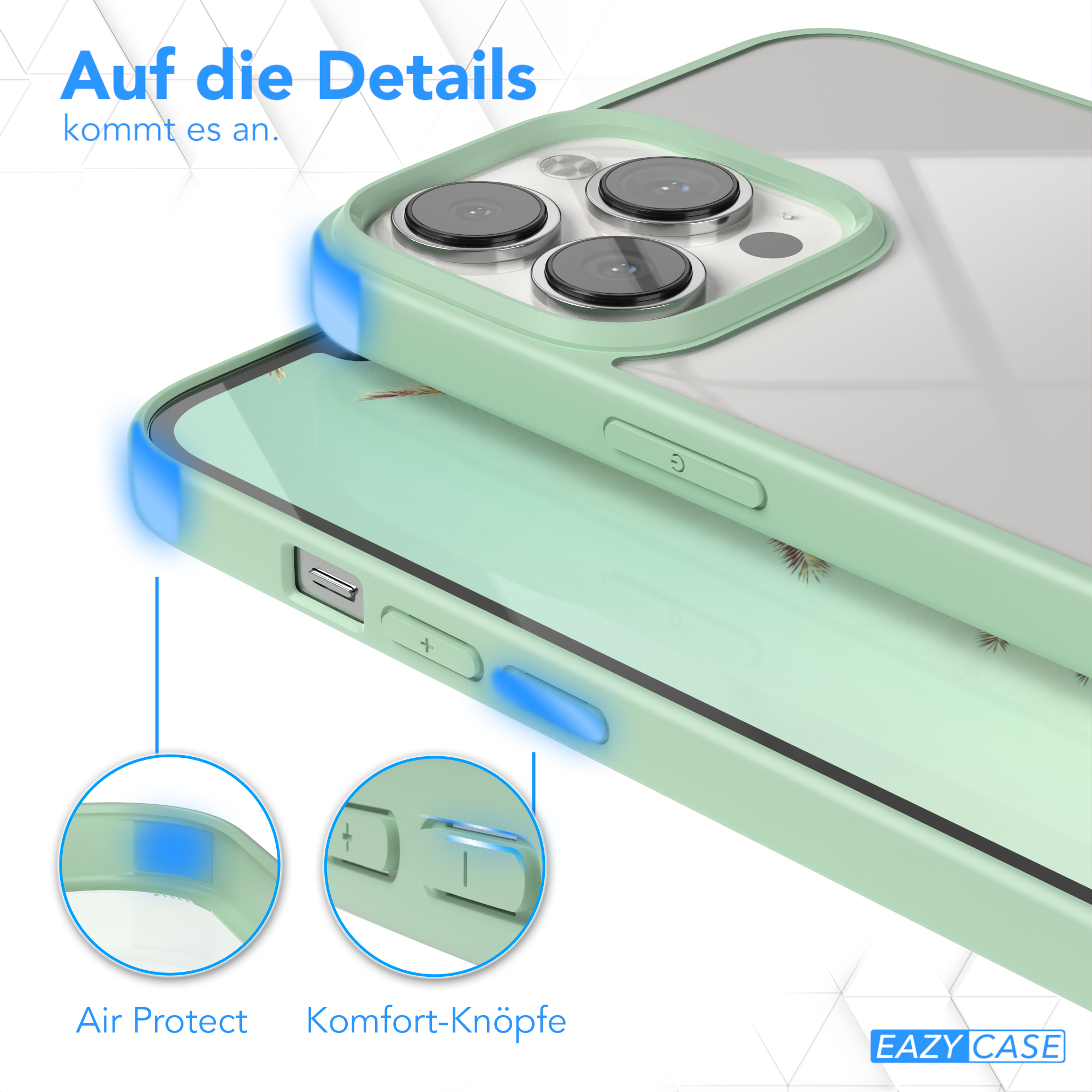 Transparente Handyhülle mit grünen Akzenten, zeigt Seitentasten und Luftschutzdetails.