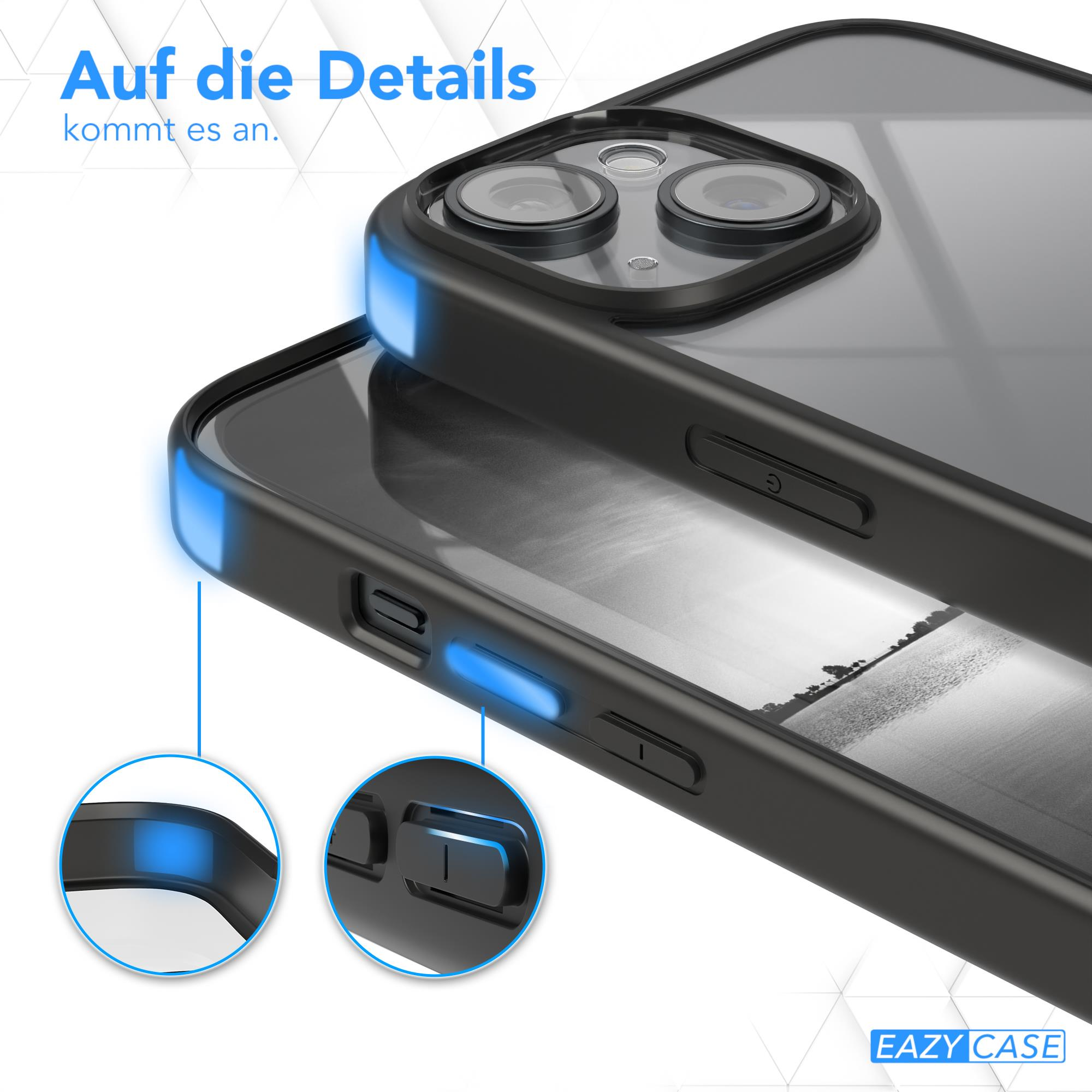Detail der schwarzen Handyhülle, Knöpfe und Kanten blau hervorgehoben.