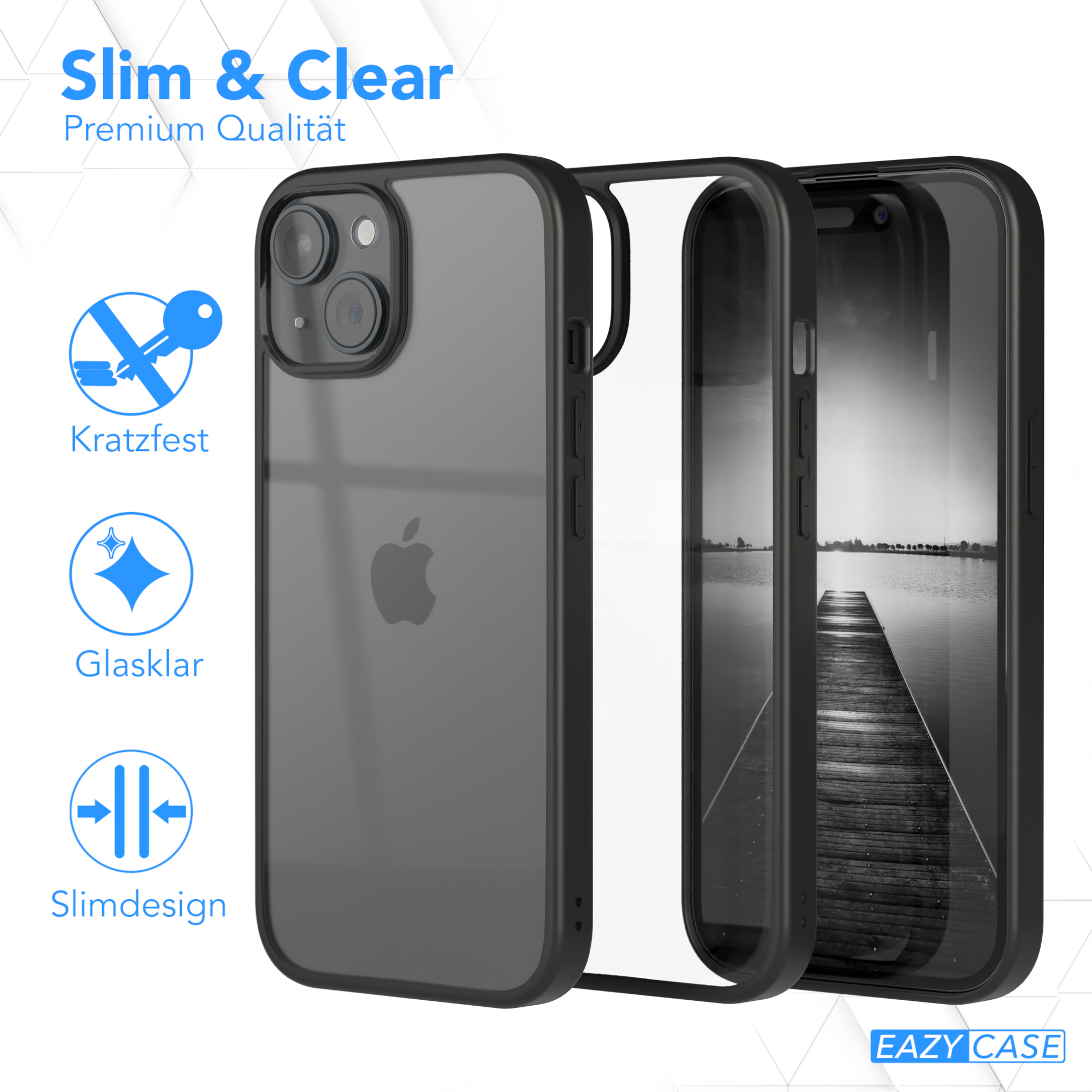 Schwarze Handyhülle mit transparentem Rücken, zeigt ein Apple-Logo, und weißer Hintergrund.