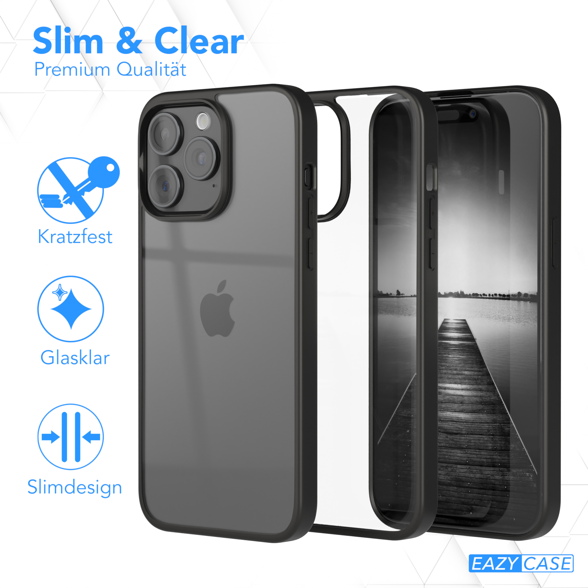 Eine teilweise zerlegte Handyhülle, die ein iPhone zeigt. Sie hat eine transparente Rückseite und einen schwarzen Rahmen.