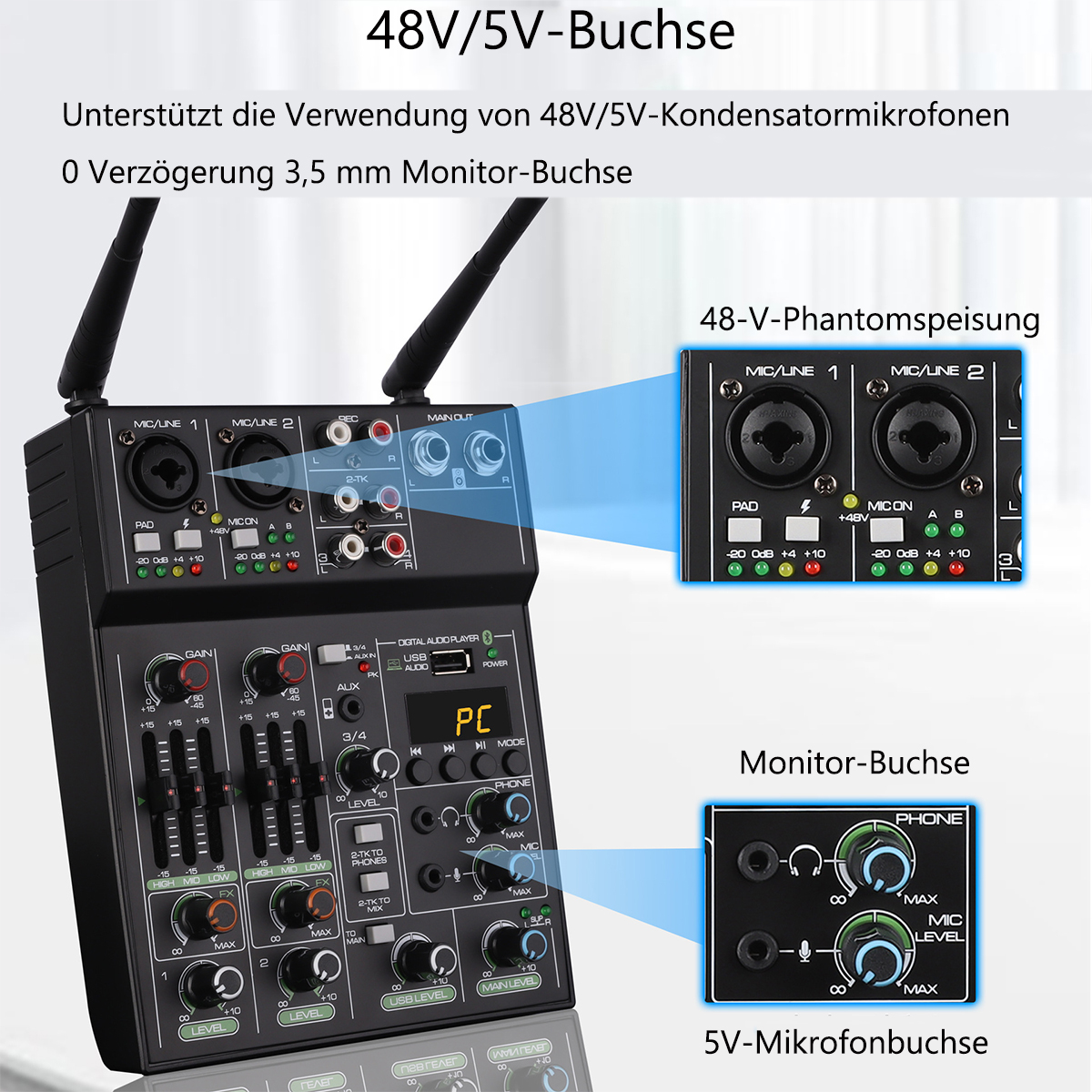 Audiomixer mit mehreren Ein- und Ausgängen. Verfügt über beschriftete Drehregler, Tasten und Anschlüsse für verschiedene Audiogeräte.