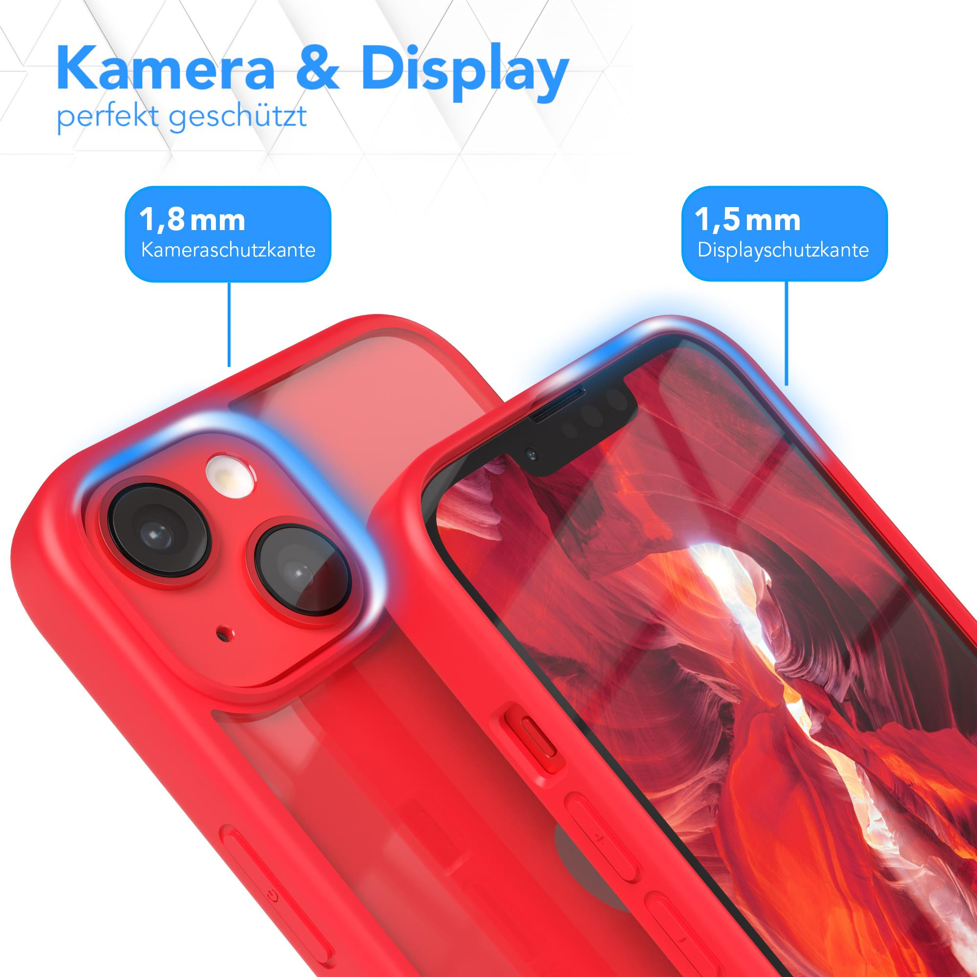 Nahaufnahme einer roten Handyhülle mit Details zum Display- und Kameraschutz.